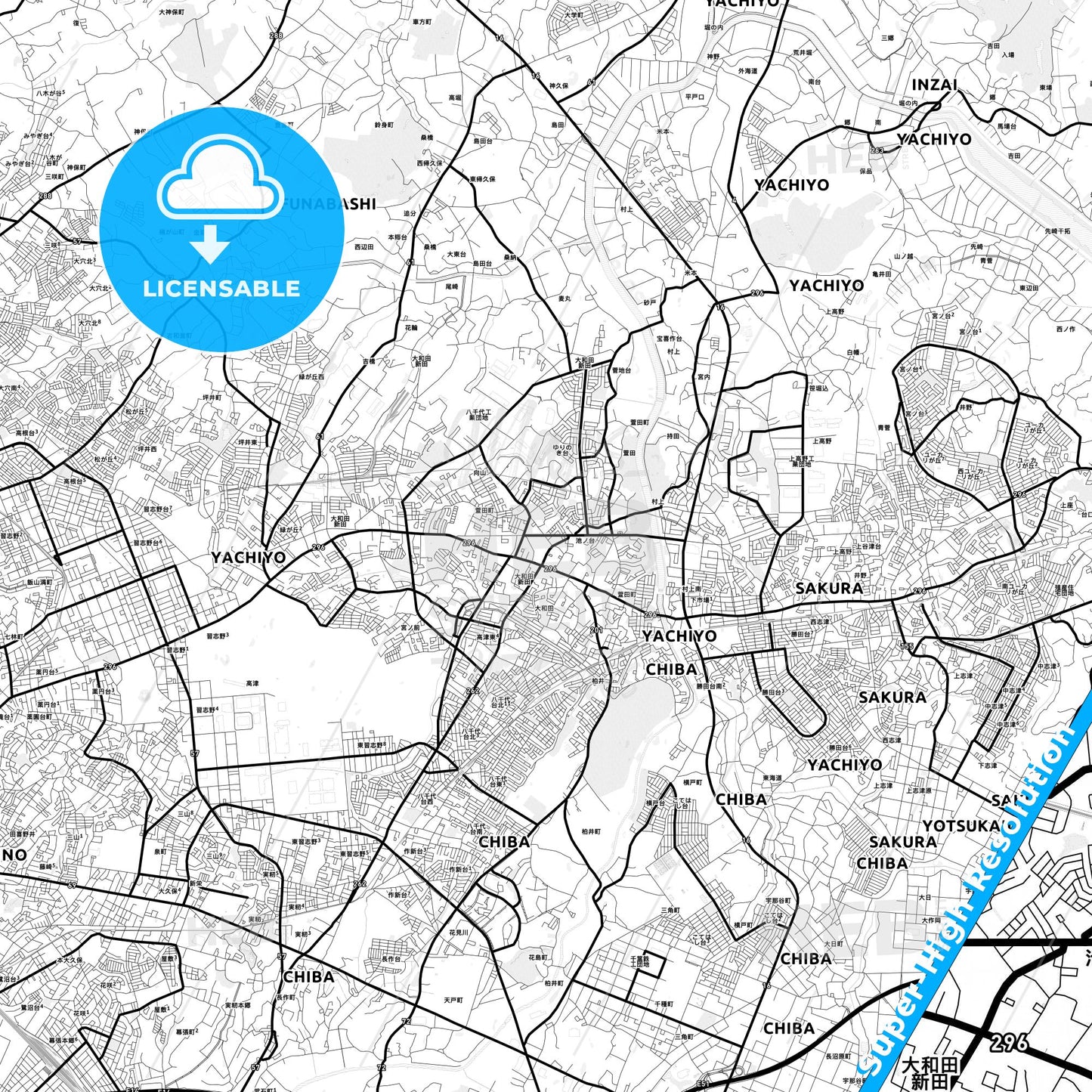 Yachiyo, Japan Light Map with Street Names, City Names, and Districts