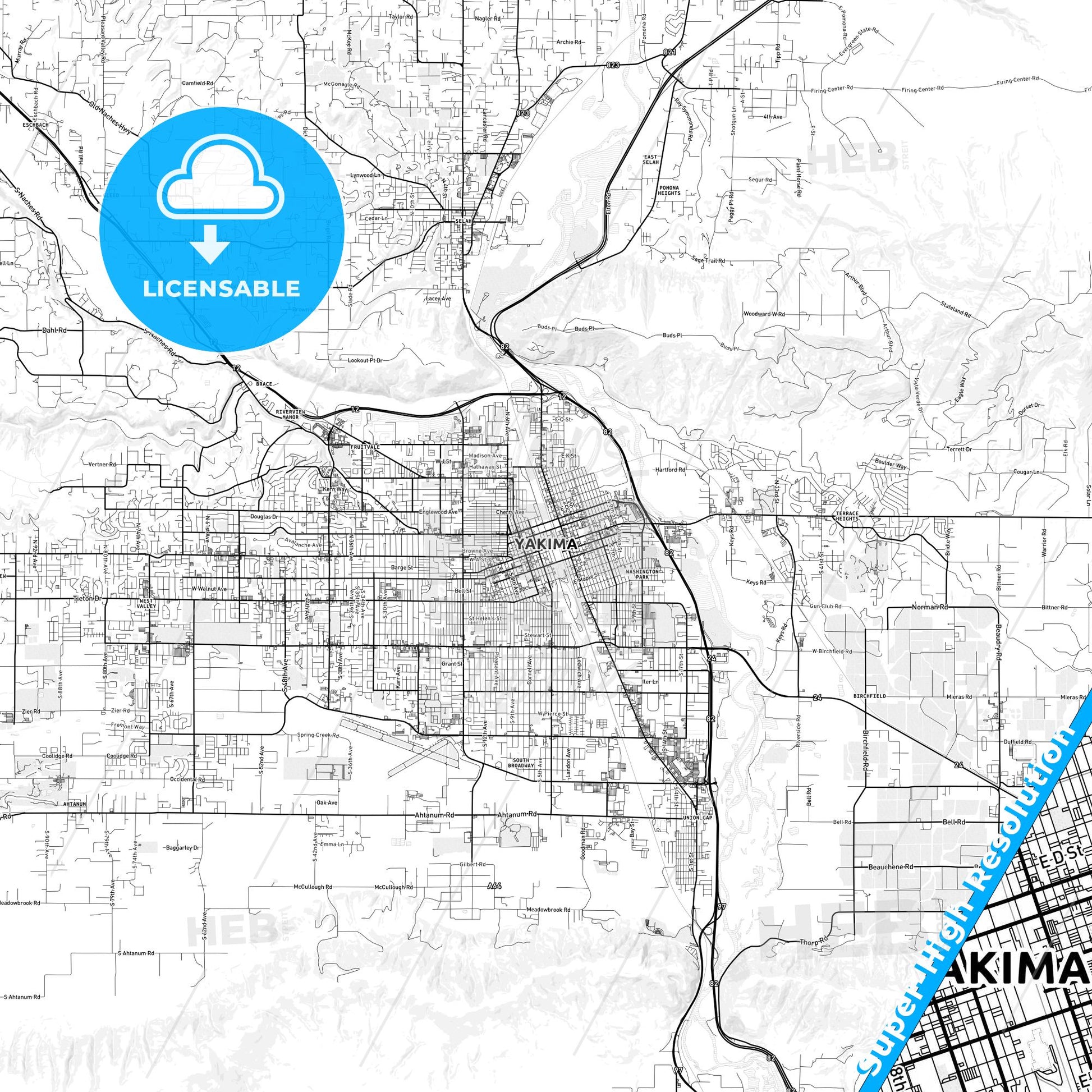 Yakima, Washington light map with streetnames, citynames and districts