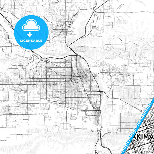 Yakima, Washington light map with streetnames, citynames and districts