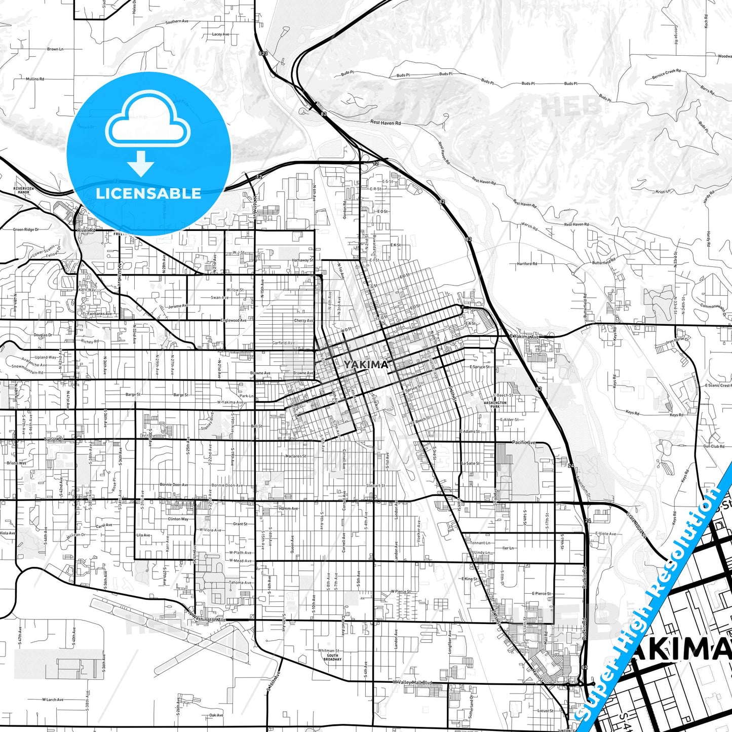 Yakima, Washington Light Map with Street Names, City Names, and Districts