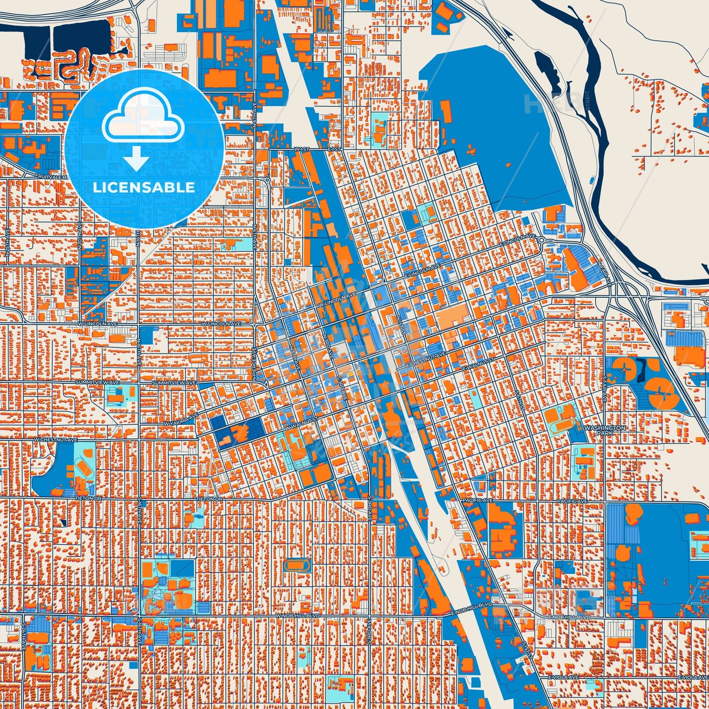 Colorful Yakima Street Map with Labels and Buildings