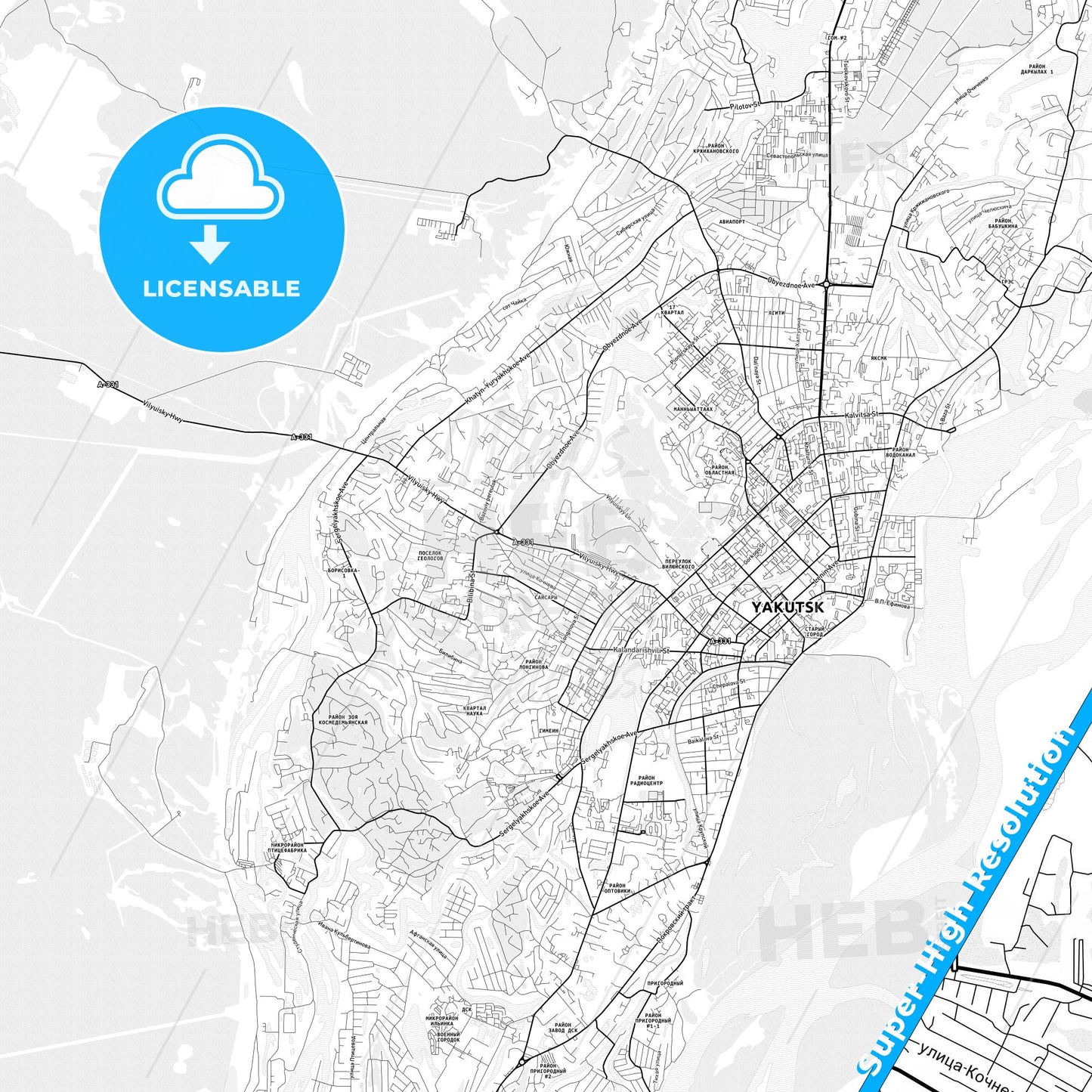 Yakutsk, Russia light map with streetnames, citynames and districts