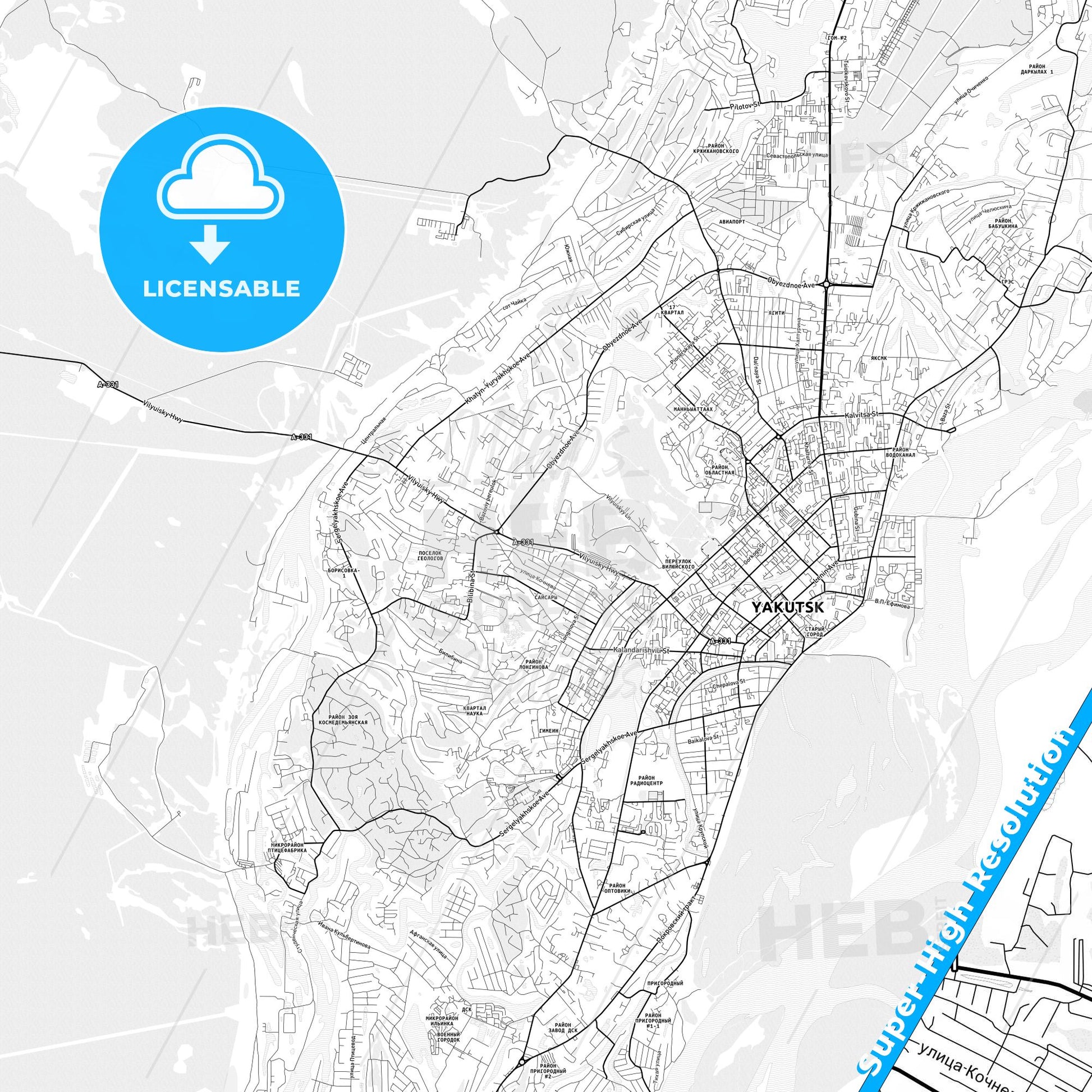 Yakutsk, Russia light map with streetnames, citynames and districts