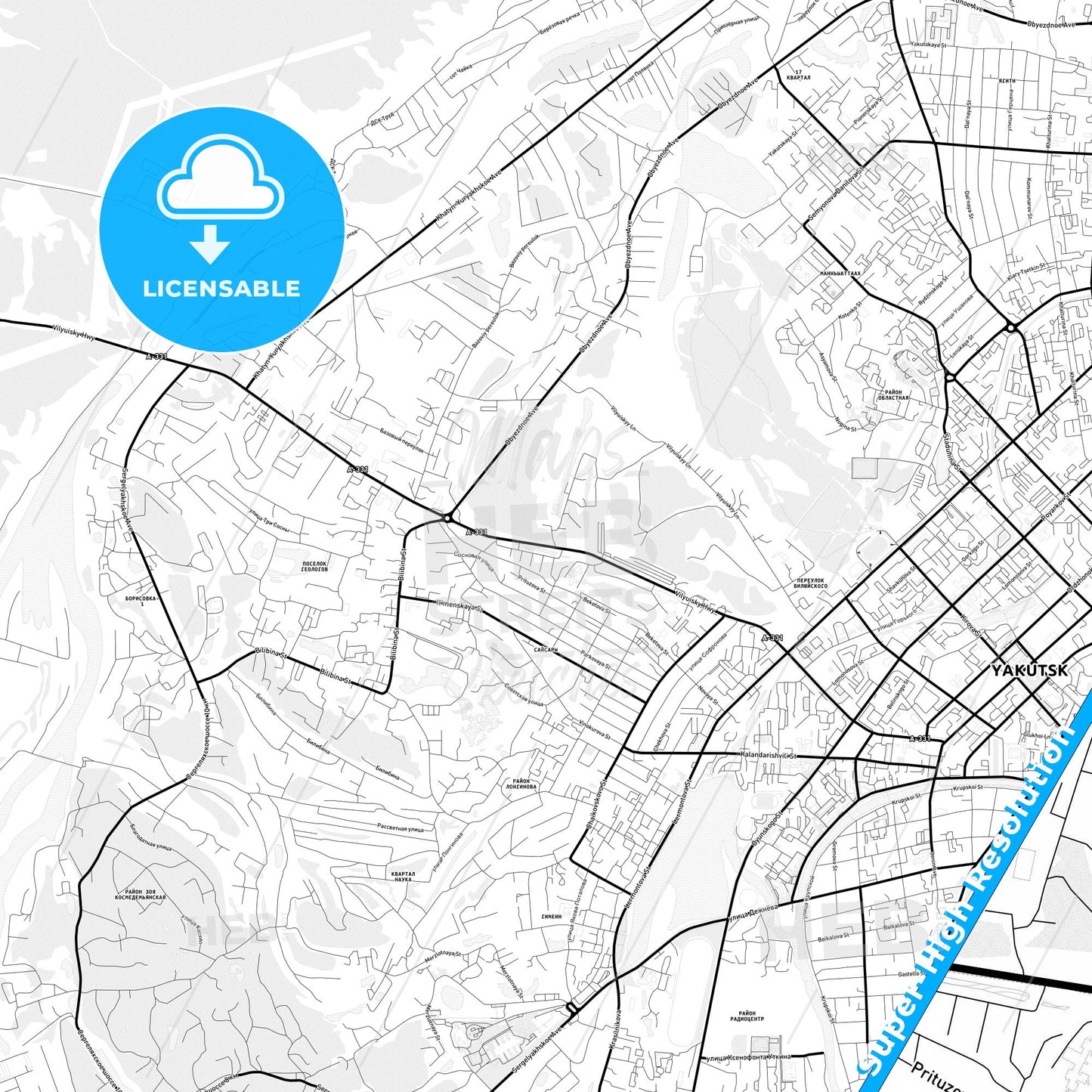 Yakutsk, Russia Light Map with Street Names, City Names, and Districts