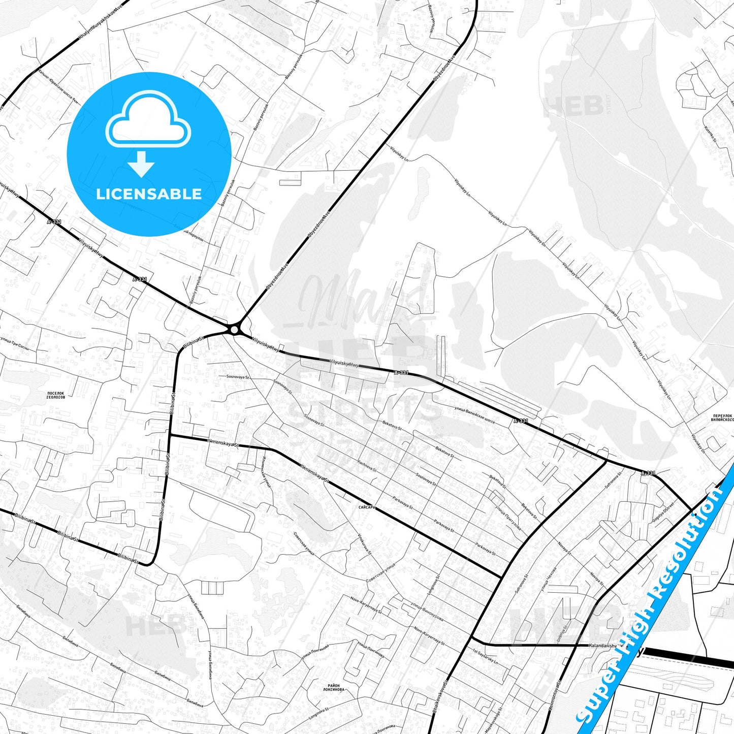 Yakutsk, Russia Light Map with Street Names, City Names, and Districts