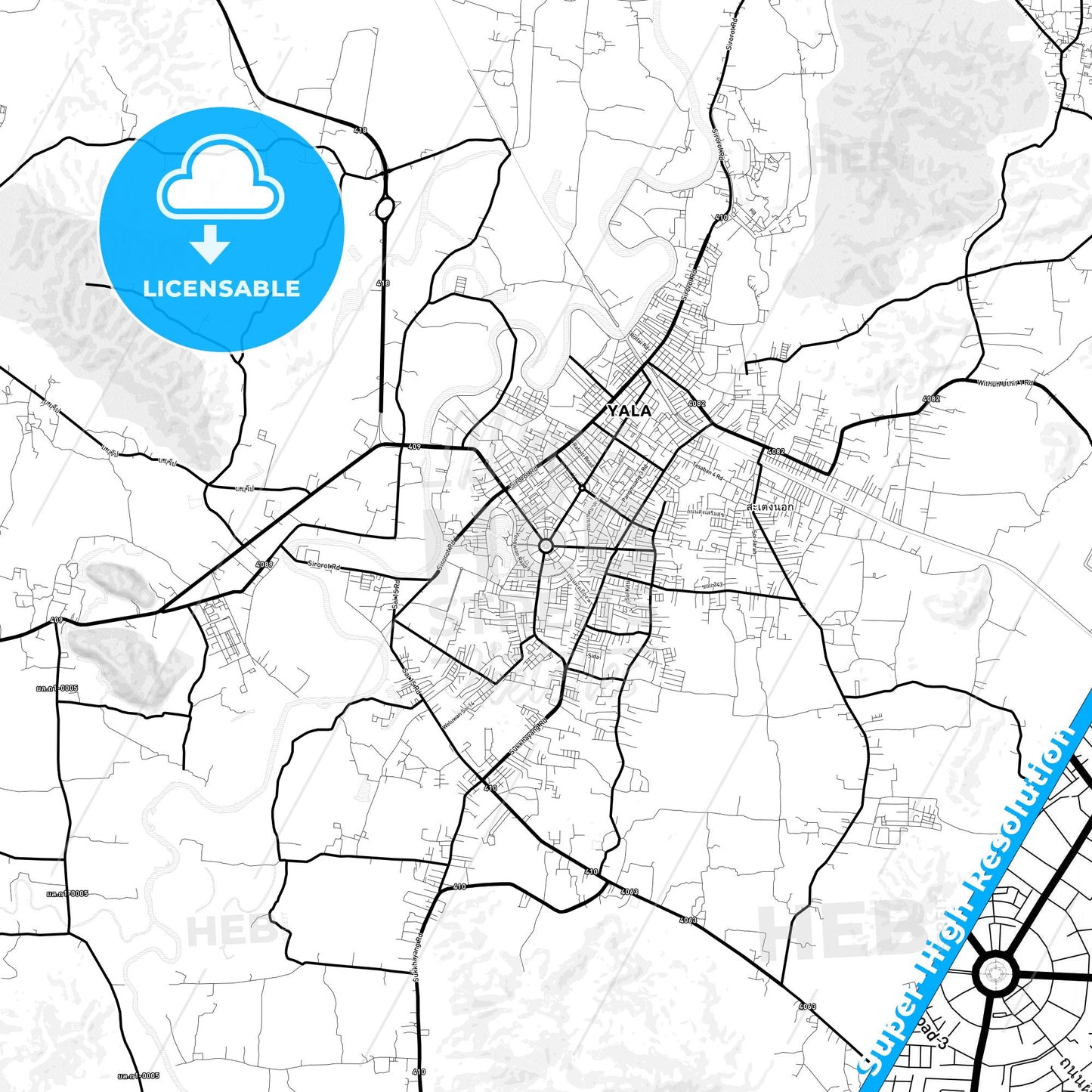 Yala, Thailand Light Map with Street Names, City Names, and Districts