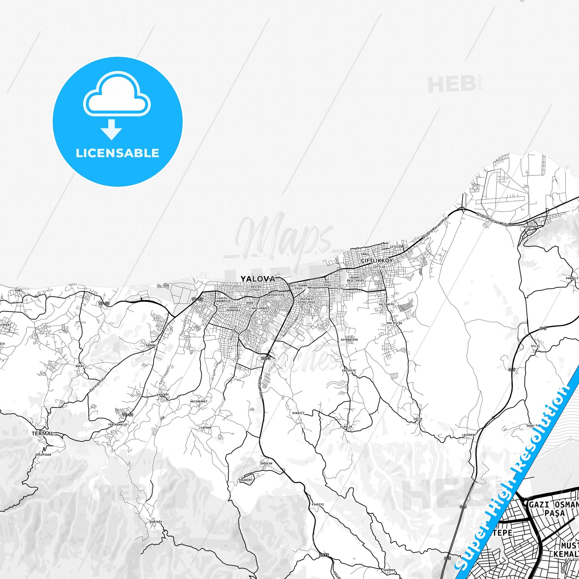 Yalova, Turkey light map with streetnames, citynames and districts