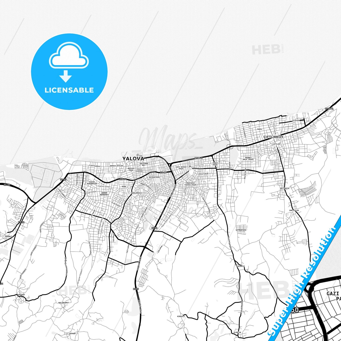 Yalova, Turkey Light Map with Street Names, City Names, and Districts