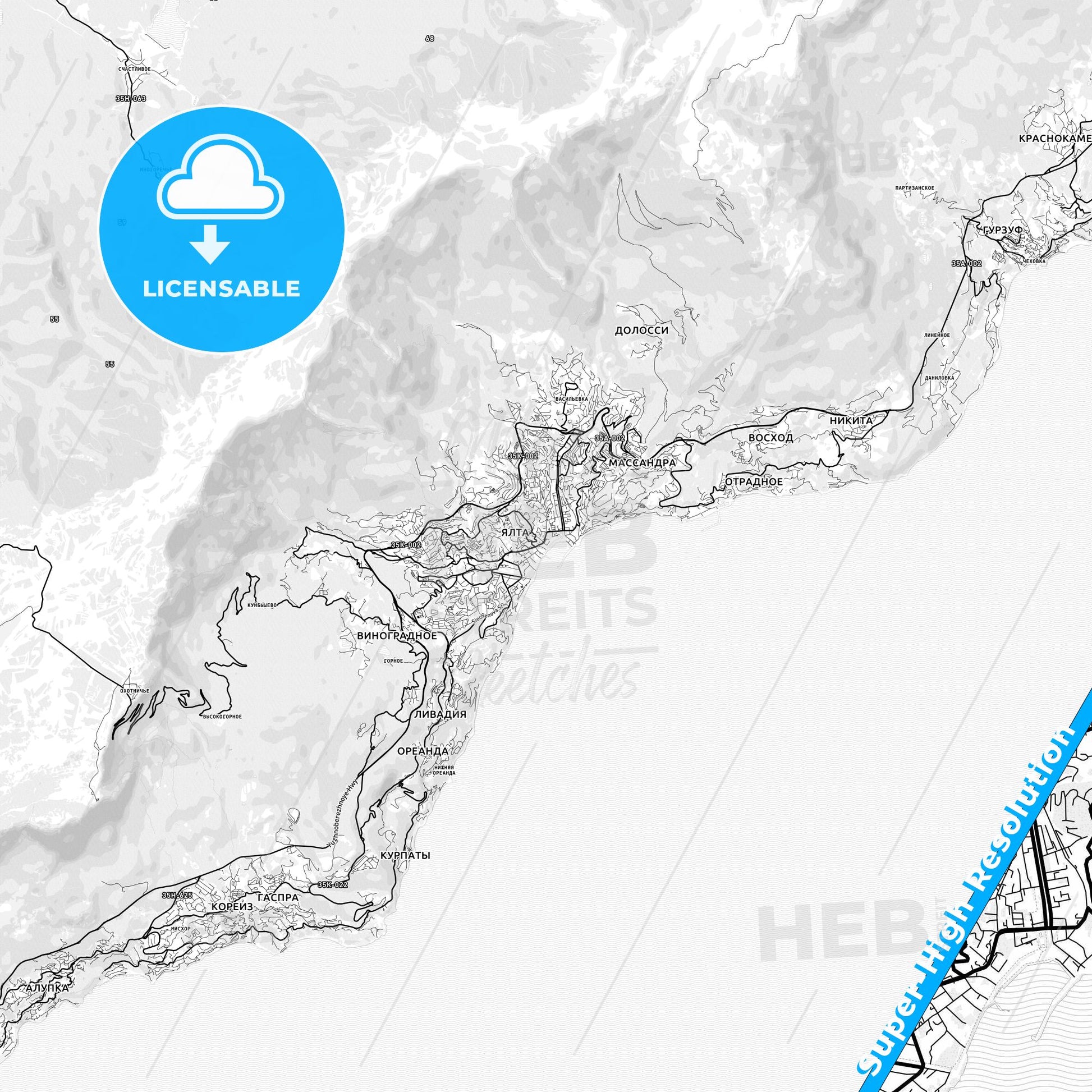 Yalta, Ukraine light map with streetnames, citynames and districts