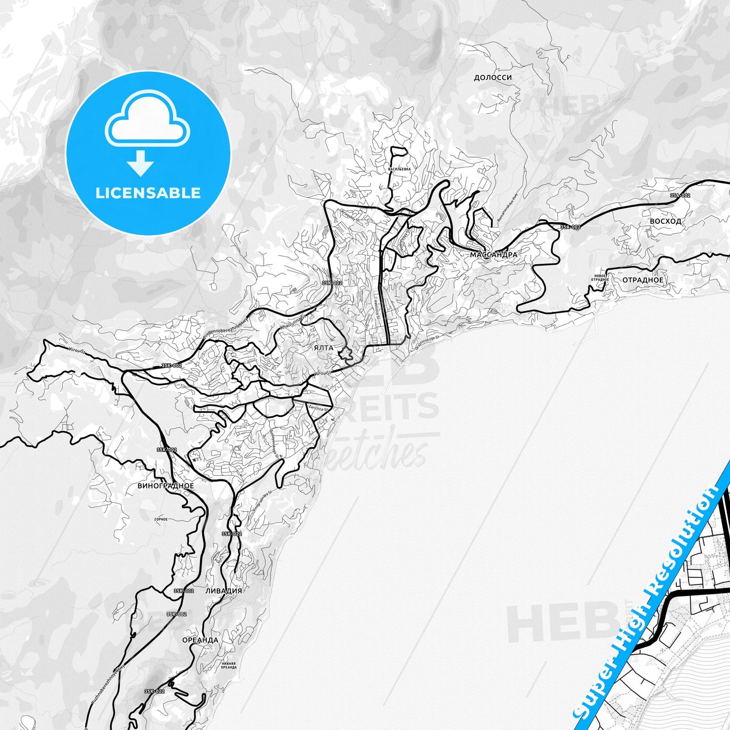 Yalta, Ukraine Light Map with Street Names, City Names, and Districts