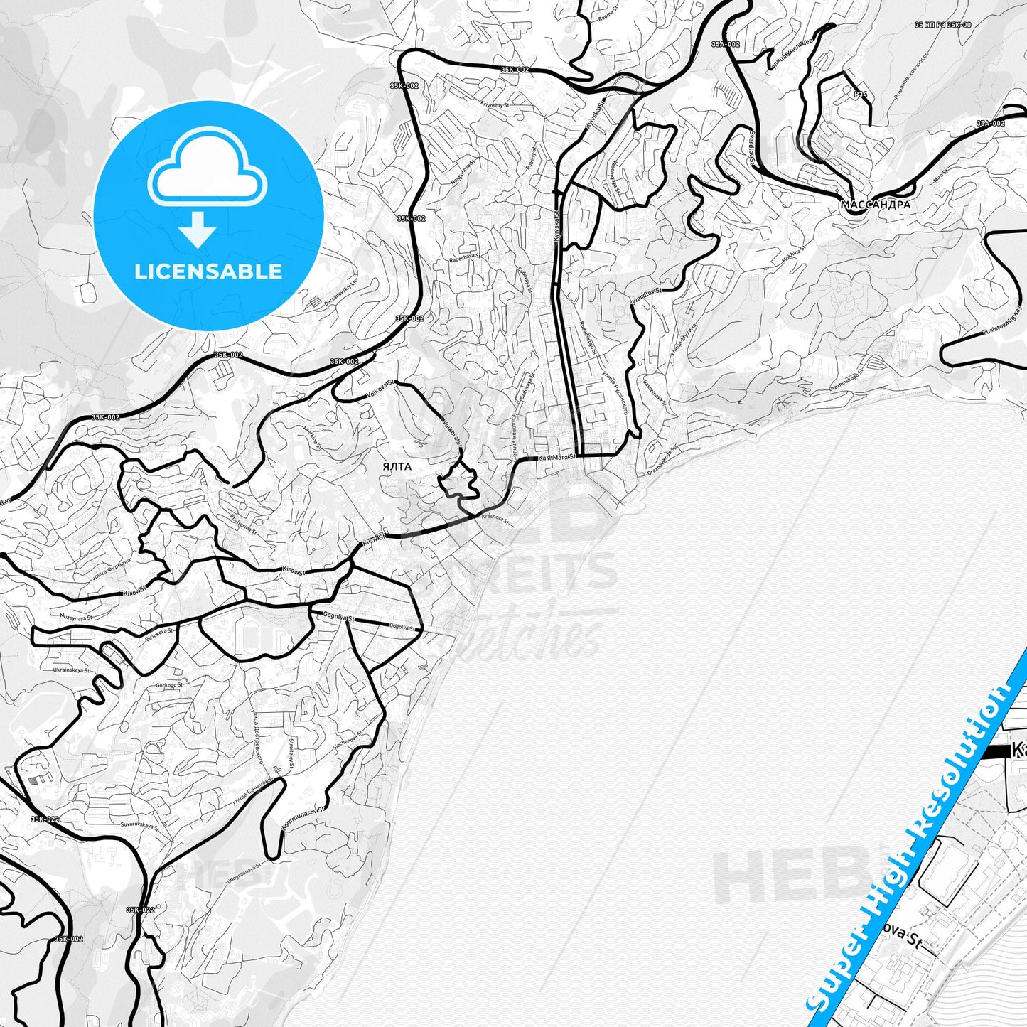 Yalta, Ukraine Light Map with Street Names, City Names, and Districts