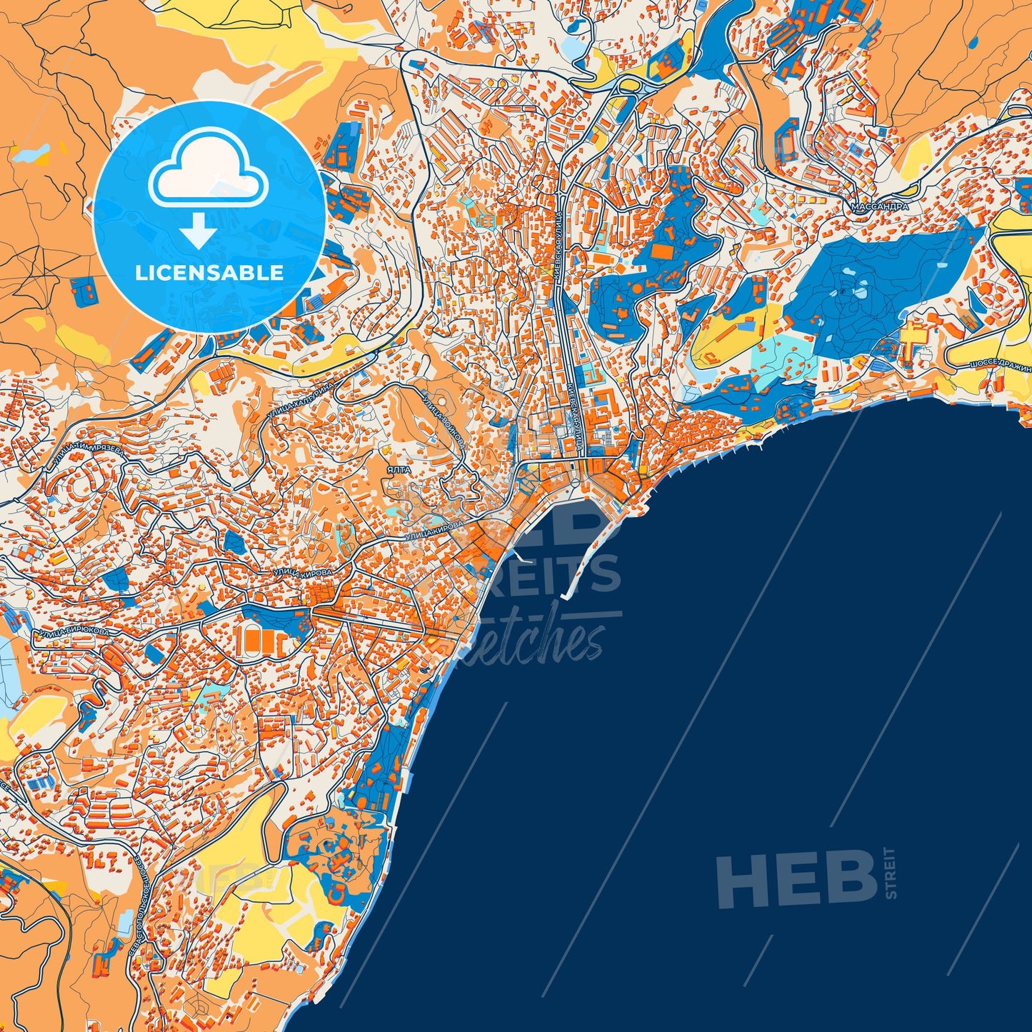 Colorful Yalta Street Map with Labels and Buildings