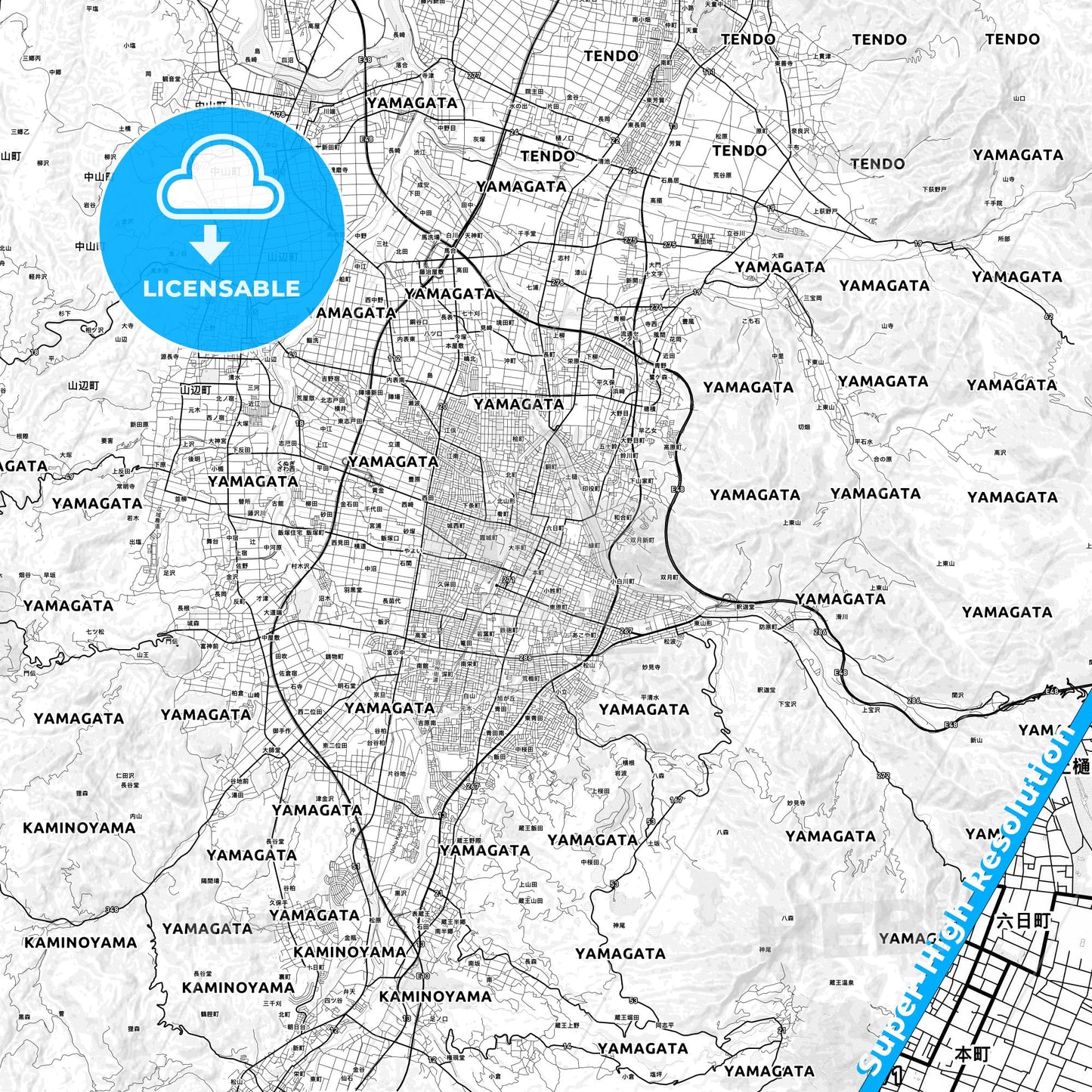 Yamagata, Japan light map with streetnames, citynames and districts