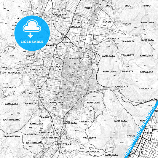 Yamagata, Japan light map with streetnames, citynames and districts