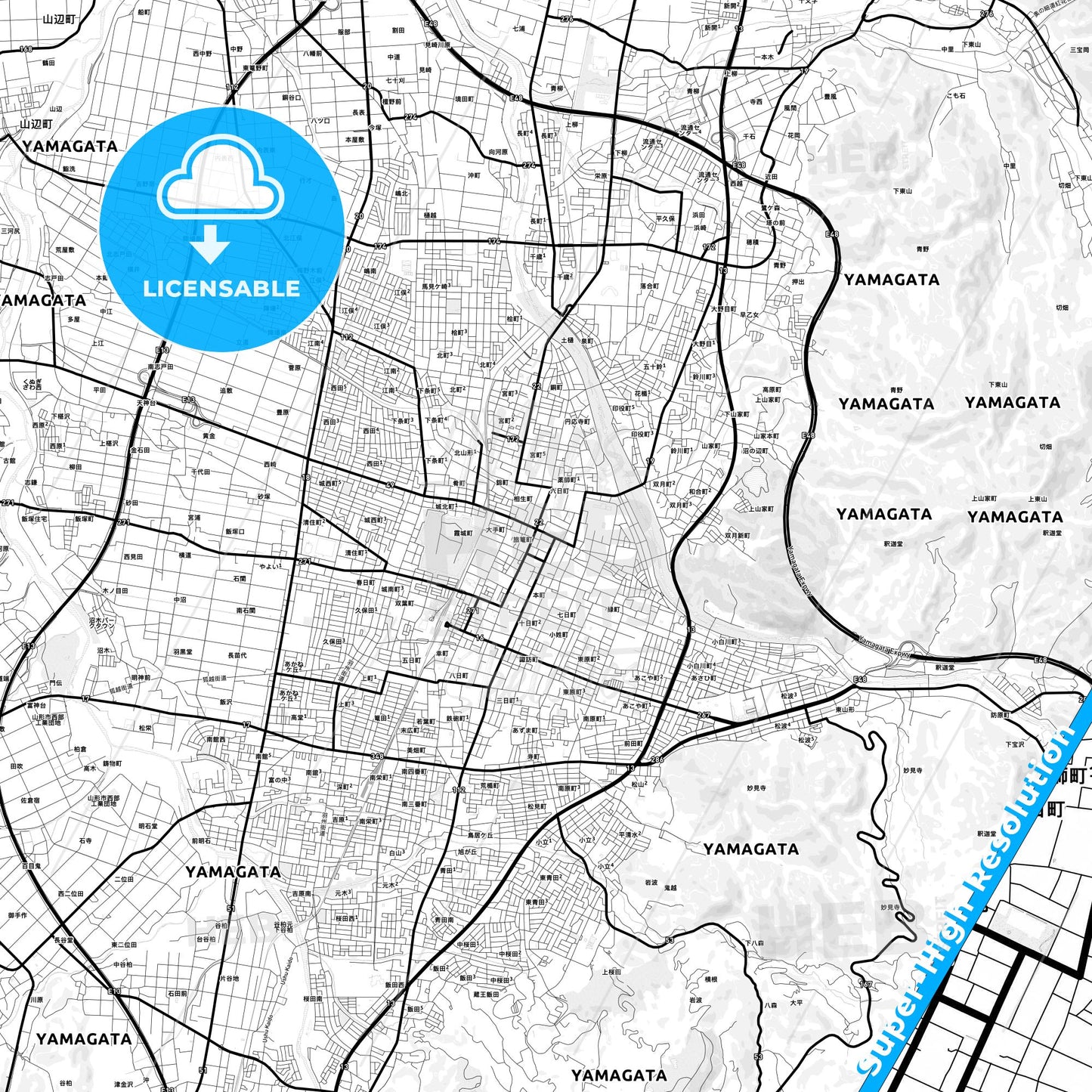 Yamagata, Japan Light Map with Street Names, City Names, and Districts