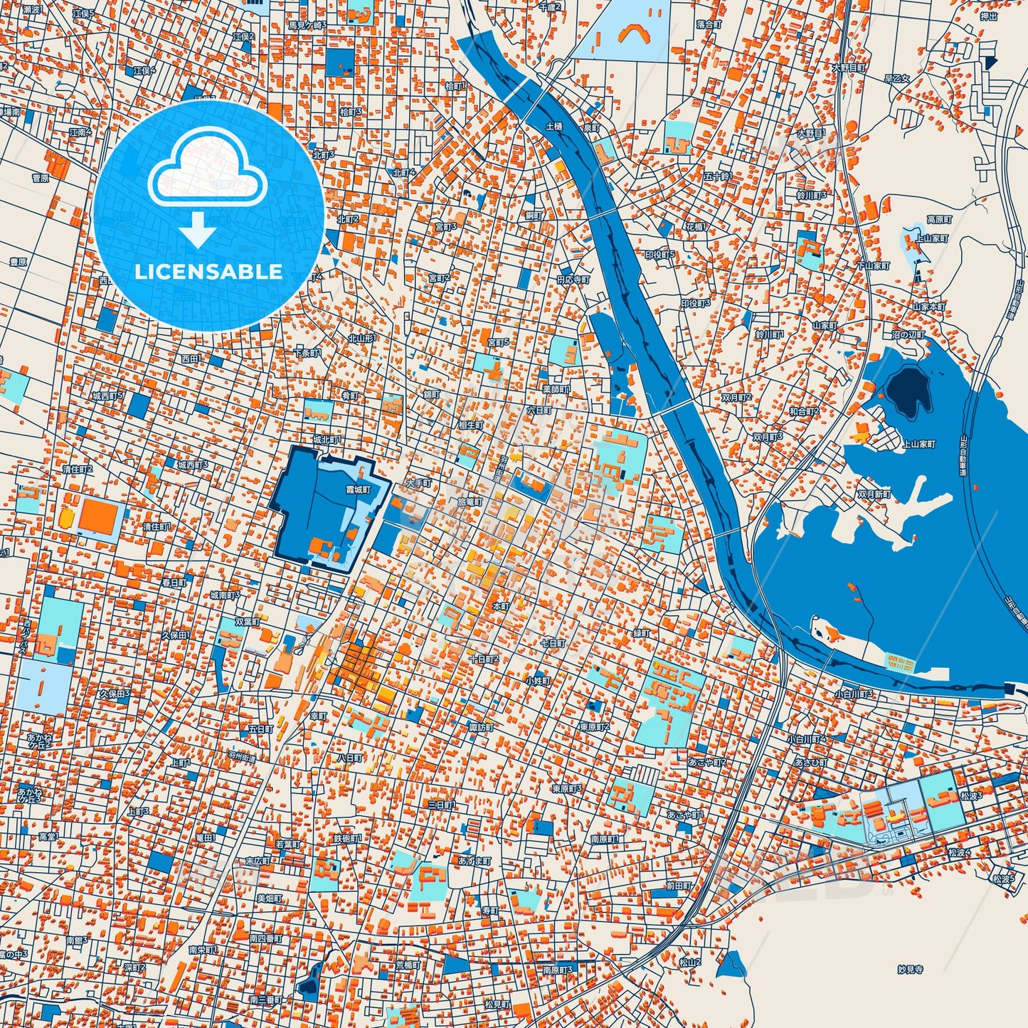 Colorful Yamagata Street Map with Labels and Buildings