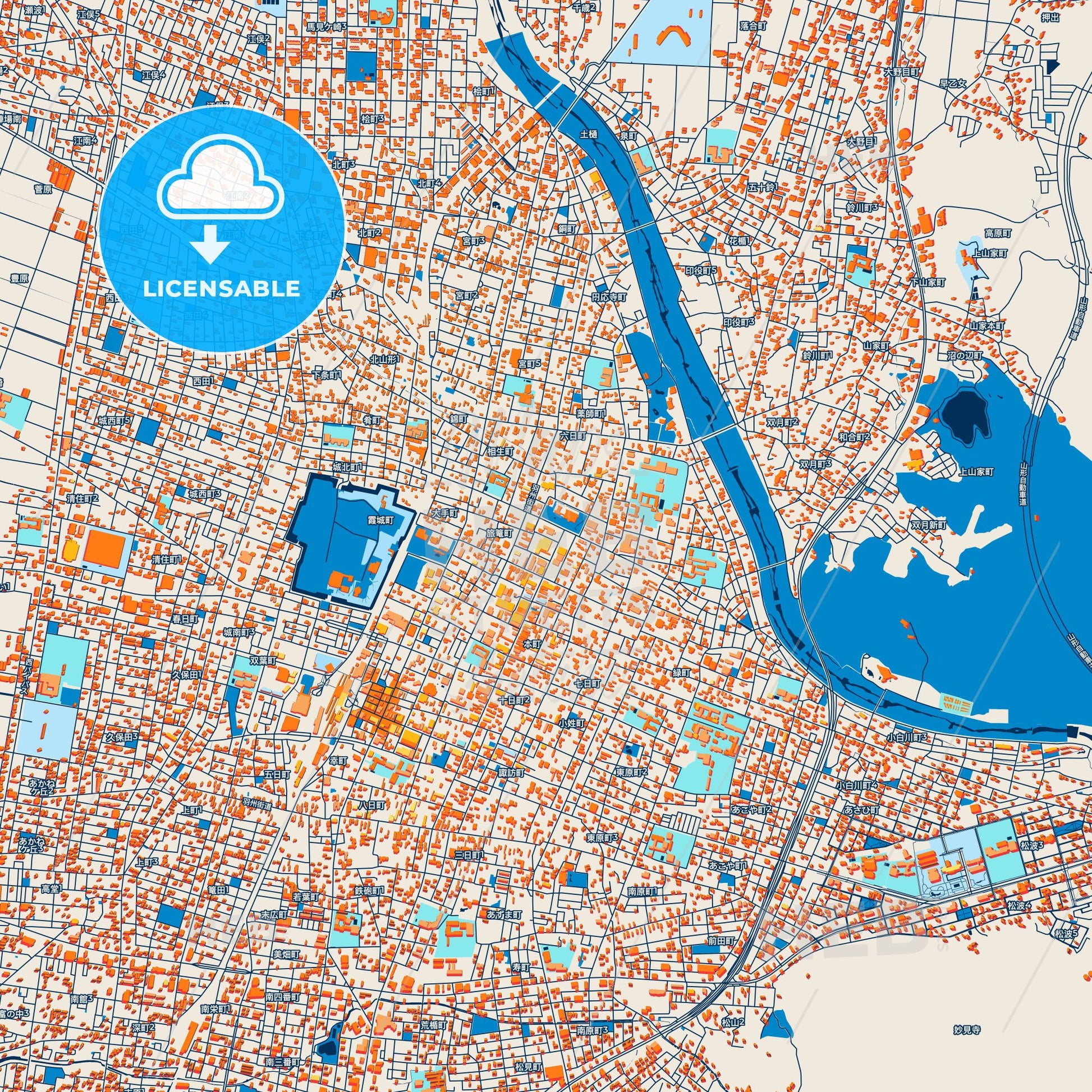 Colorful Yamagata Street Map with Labels and Buildings