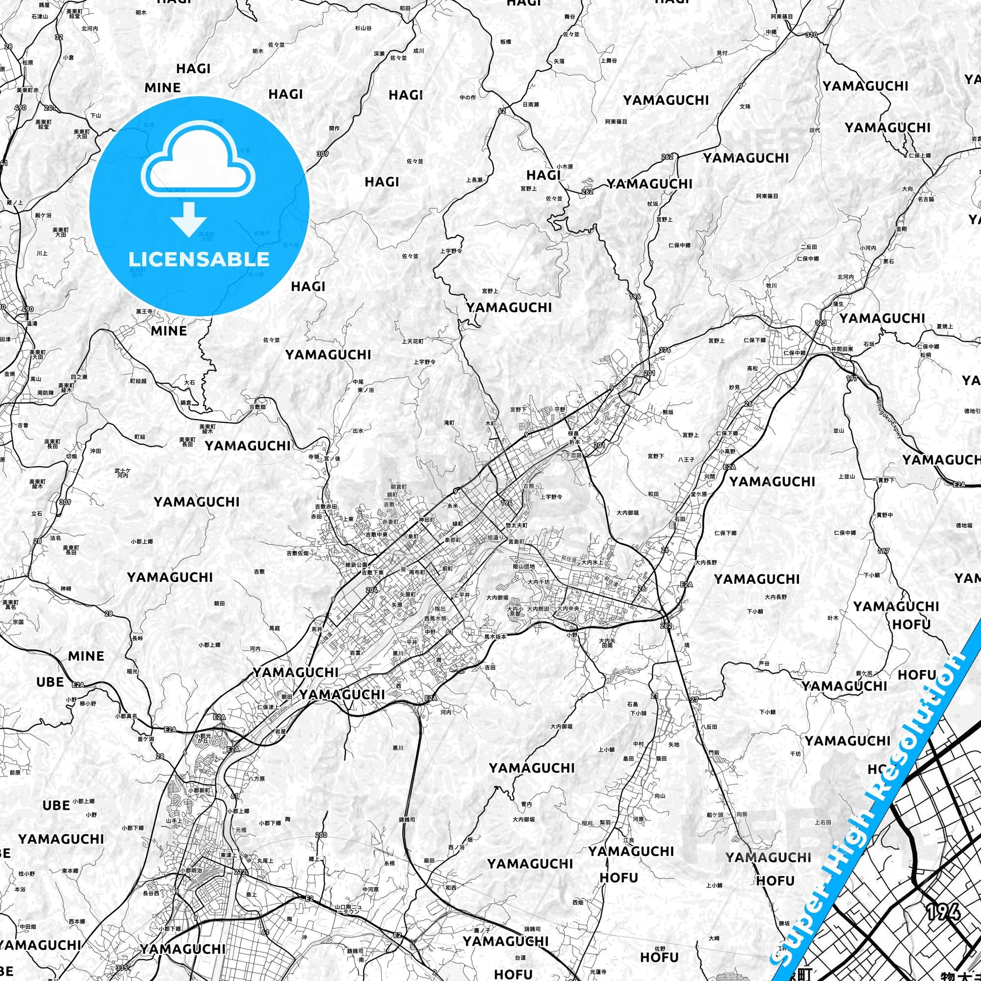 Yamaguchi, Japan light map with streetnames, citynames and districts