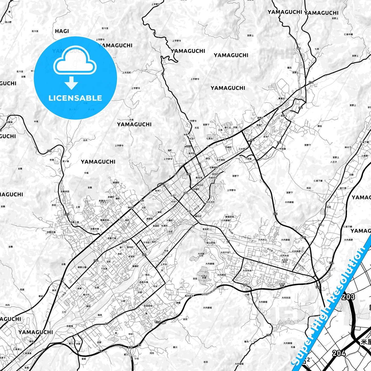 Yamaguchi, Japan Light Map with Street Names, City Names, and Districts