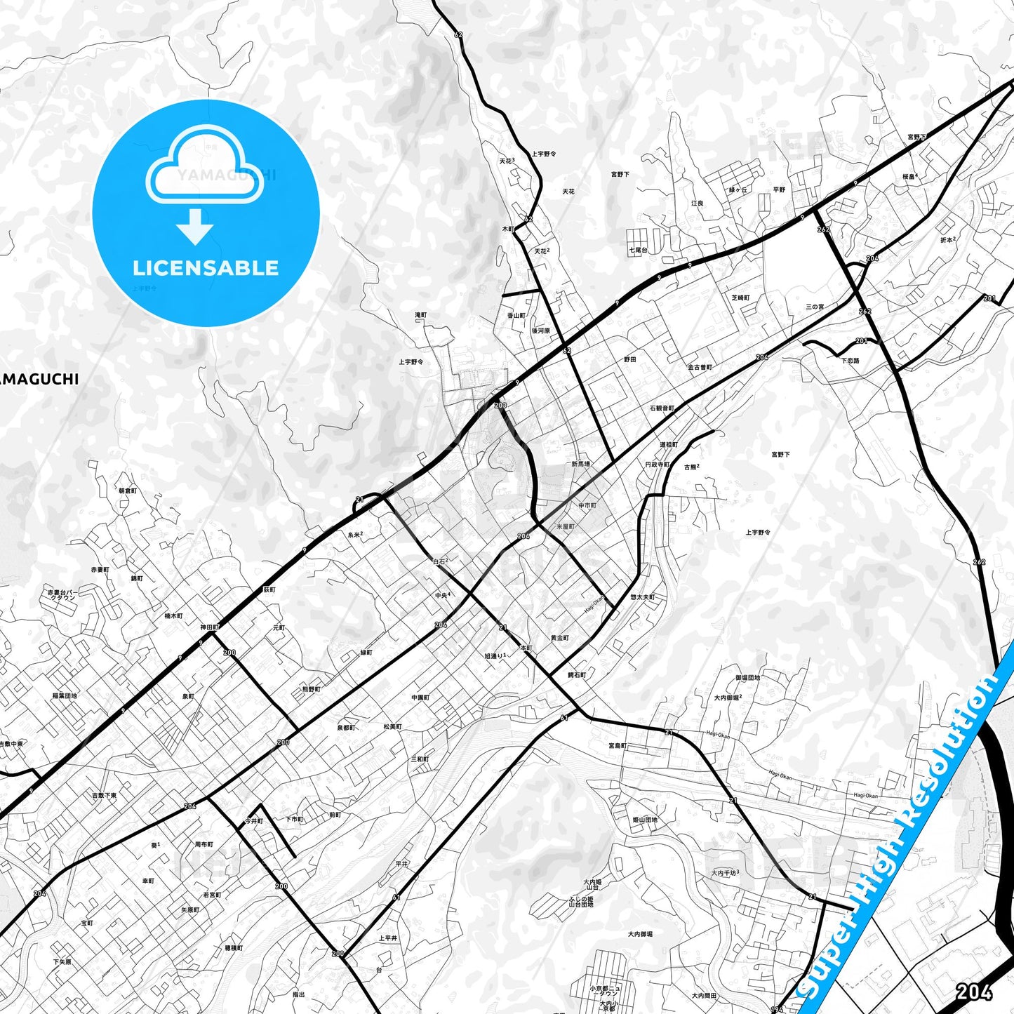 Yamaguchi, Japan Light Map with Street Names, City Names, and Districts