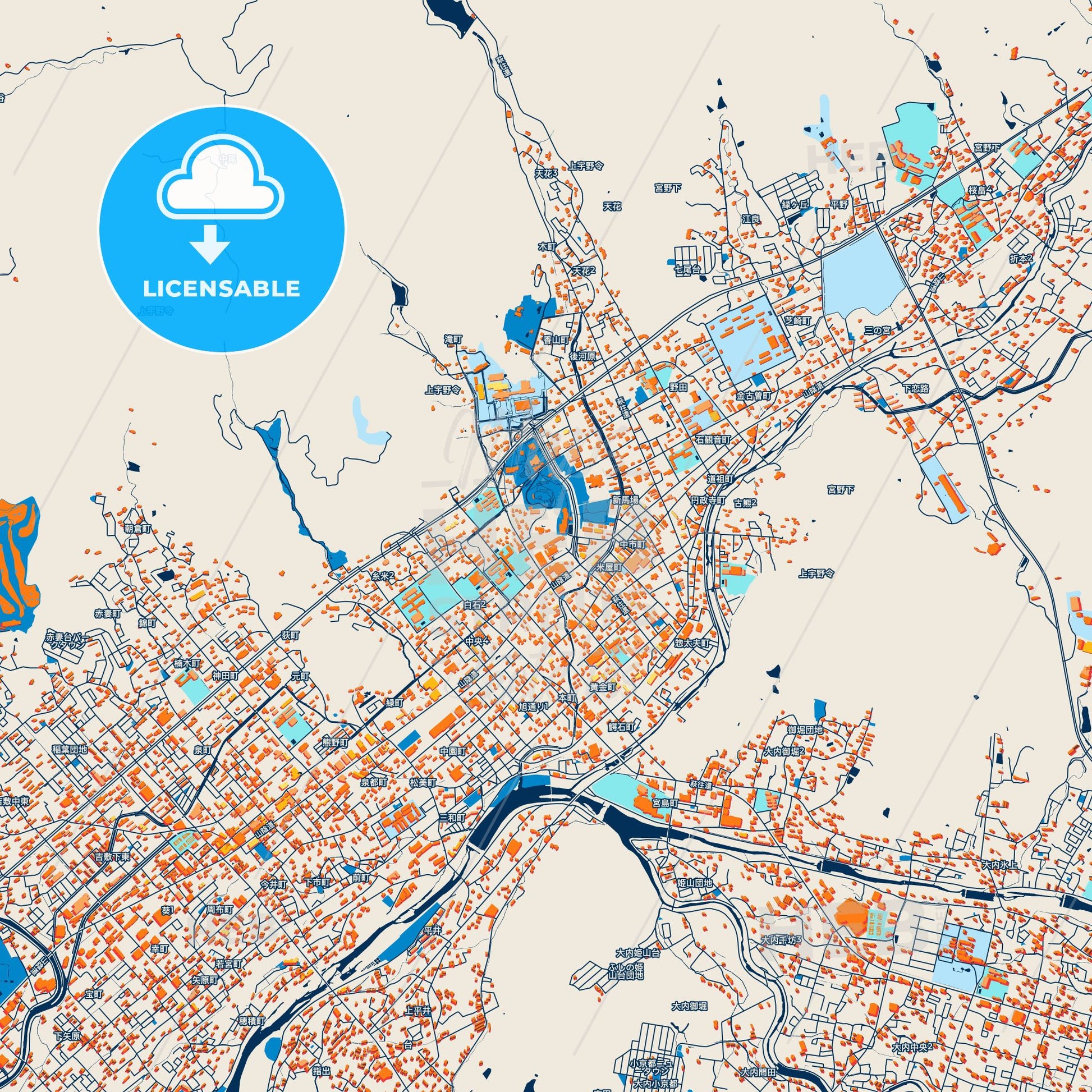 Colorful Yamaguchi Street Map with Labels and Buildings
