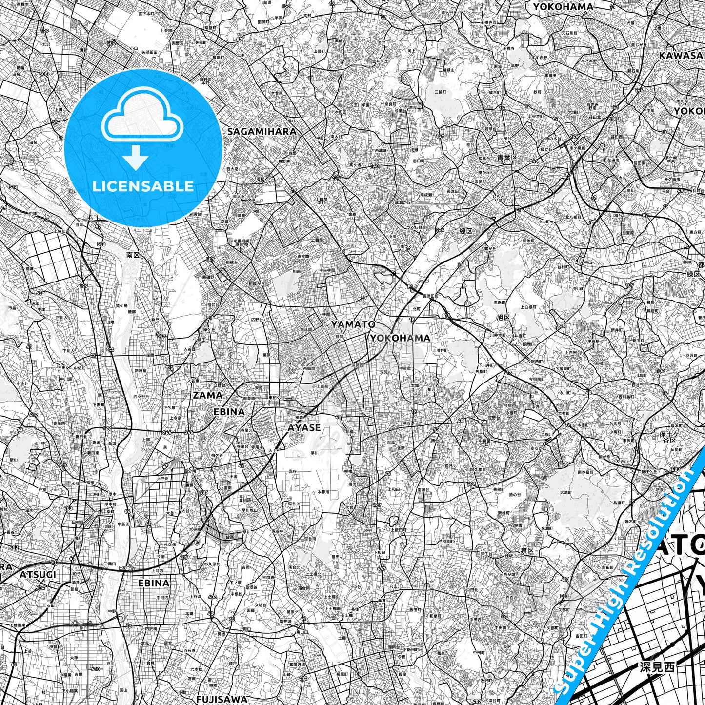 Yamato, Japan light map with streetnames, citynames and districts