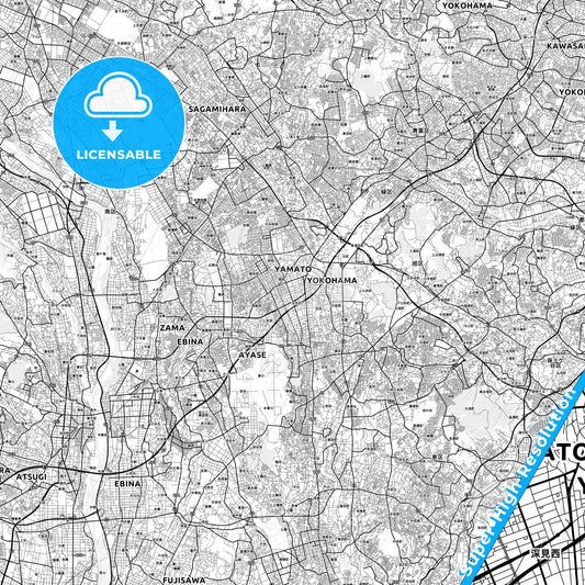 Yamato, Japan light map with streetnames, citynames and districts
