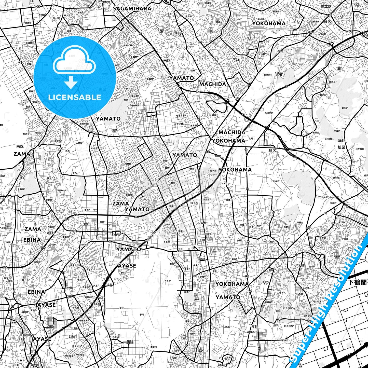 Yamato, Japan Light Map with Street Names, City Names, and Districts