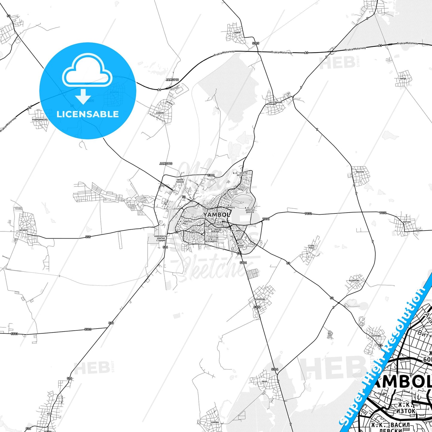 Yambol, Bulgaria light map with streetnames, citynames and districts