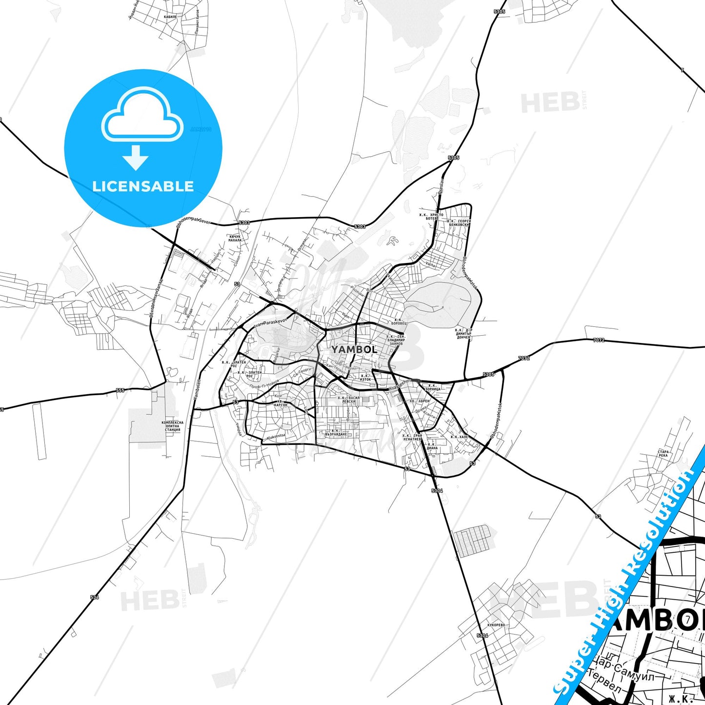 Yambol, Bulgaria Light Map with Street Names, City Names, and Districts