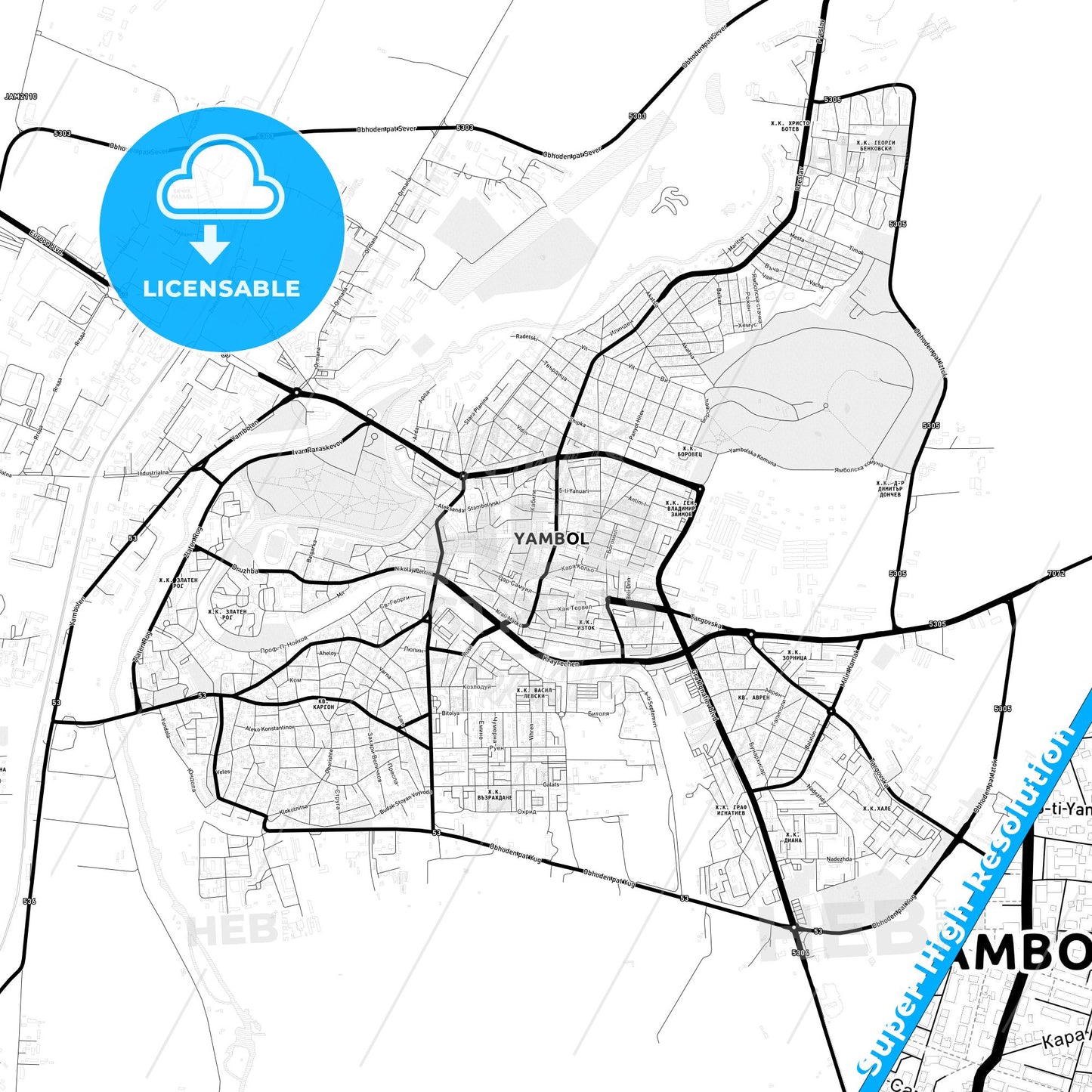 Yambol, Bulgaria Light Map with Street Names, City Names, and Districts
