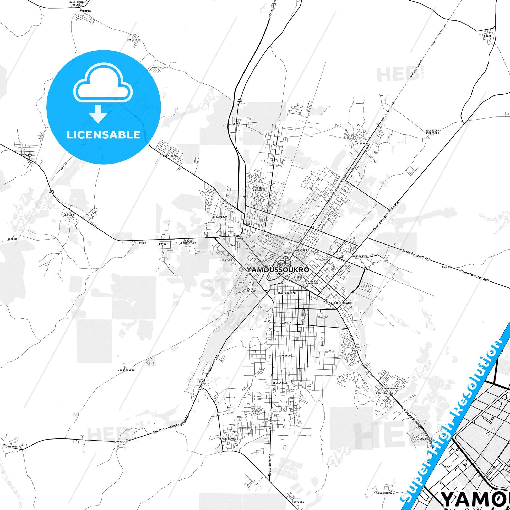 Yamoussoukro, Ivory Coast light map with streetnames, citynames and districts