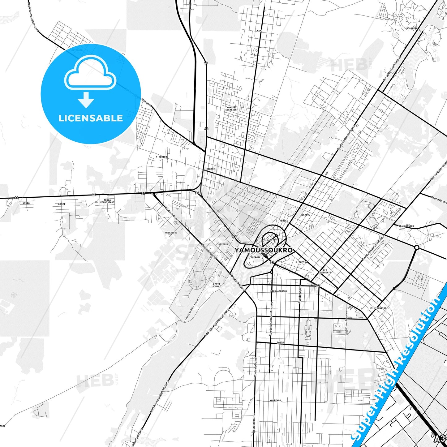 Yamoussoukro, Ivory Coast Light Map with Street Names, City Names, and Districts