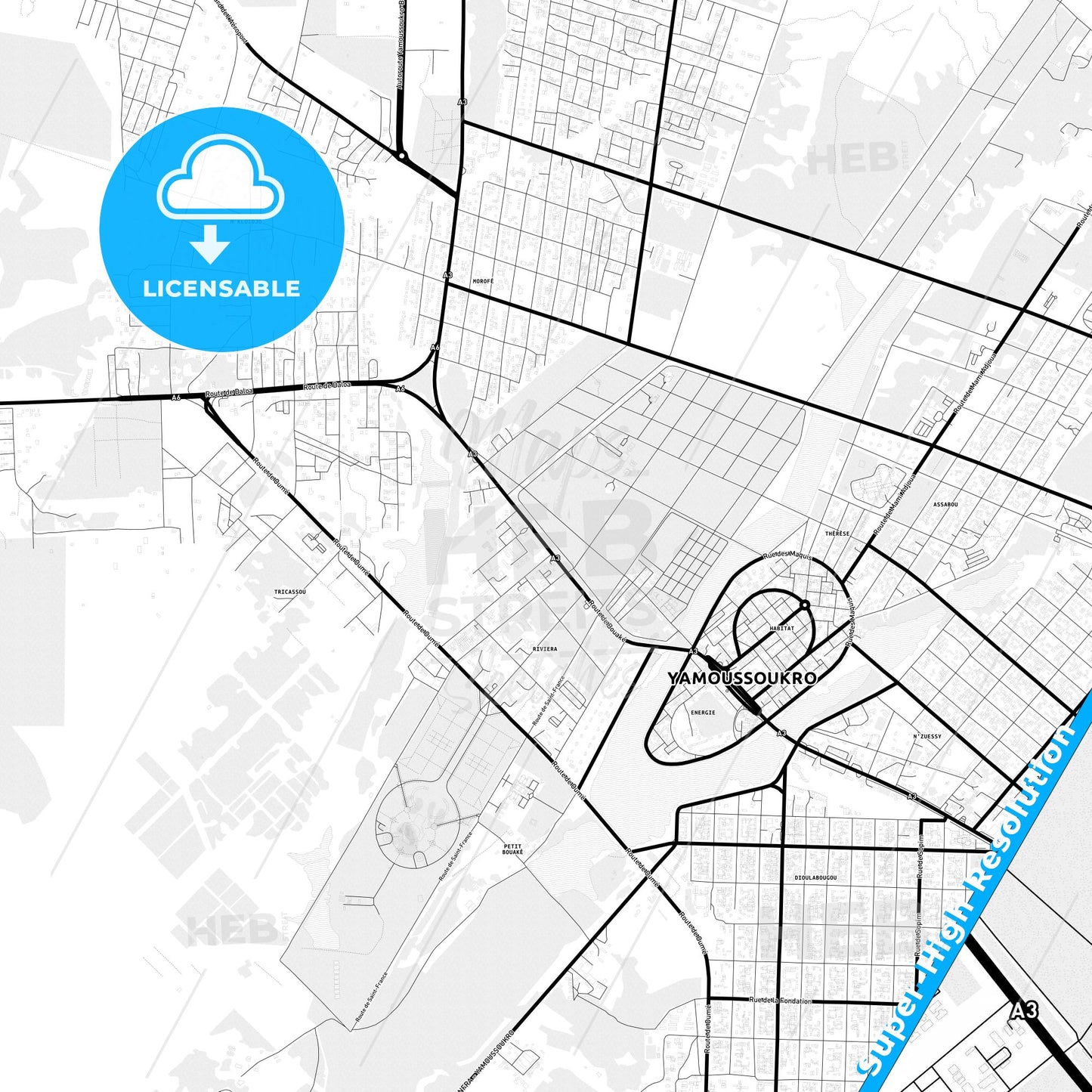 Yamoussoukro, Ivory Coast Light Map with Street Names, City Names, and Districts