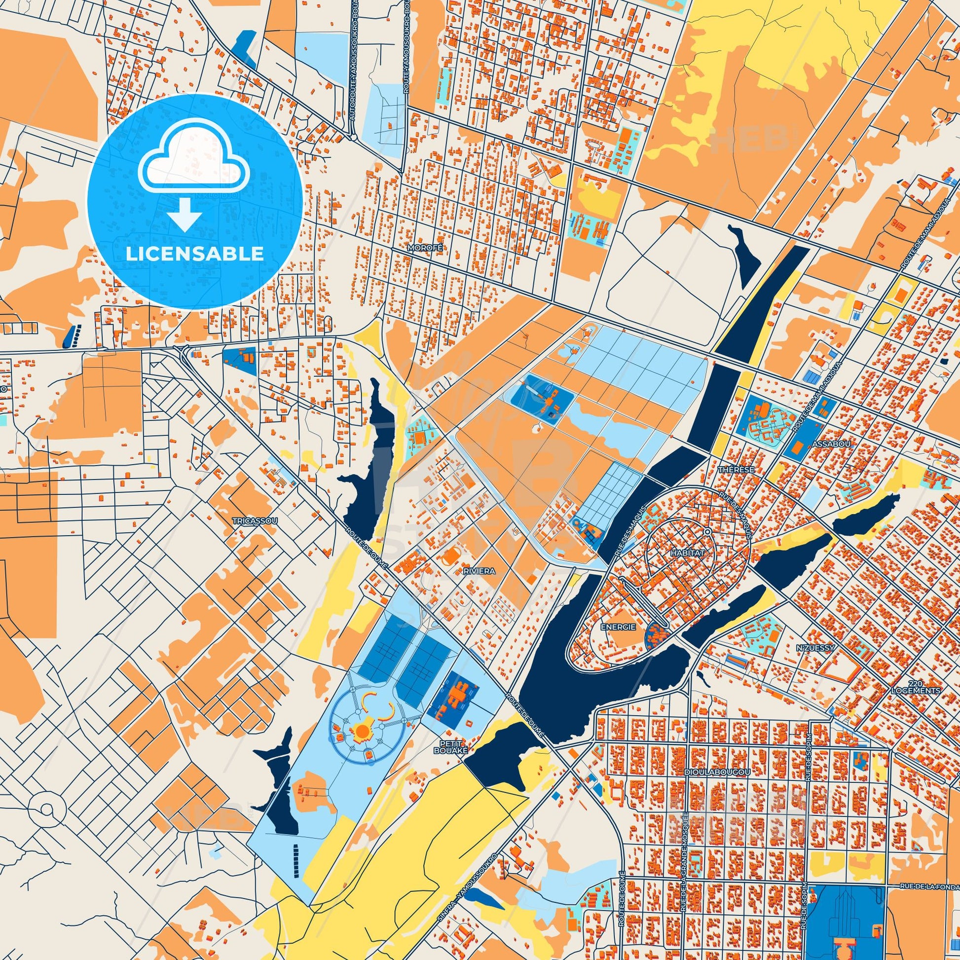 Colorful Yamoussoukro Street Map with Labels and Buildings
