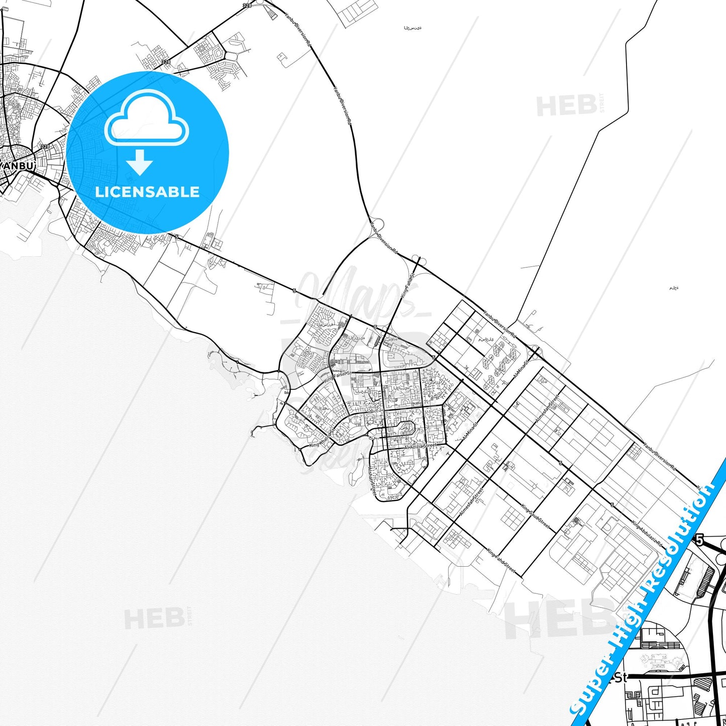 Yanbu, Saudi Arabia light map with streetnames, citynames and districts