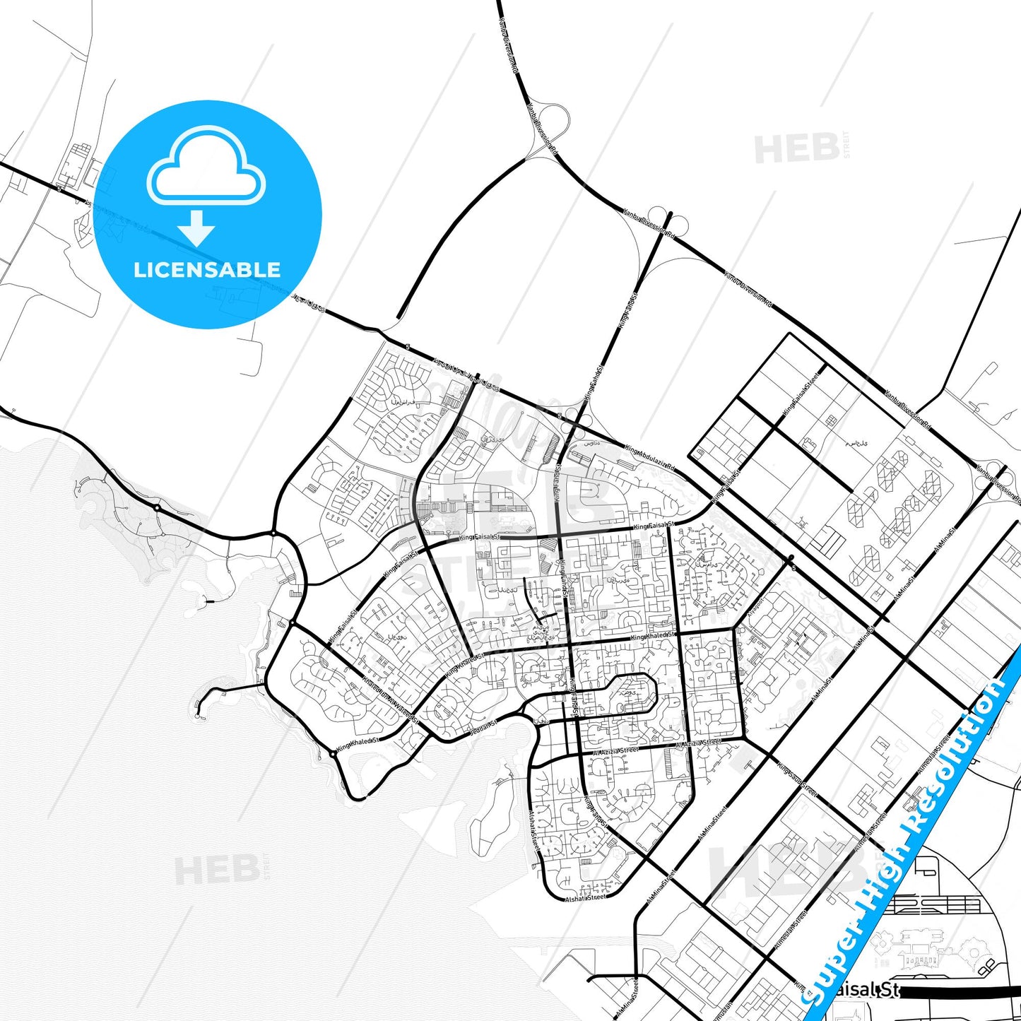 Yanbu, Saudi Arabia Light Map with Street Names, City Names, and Districts