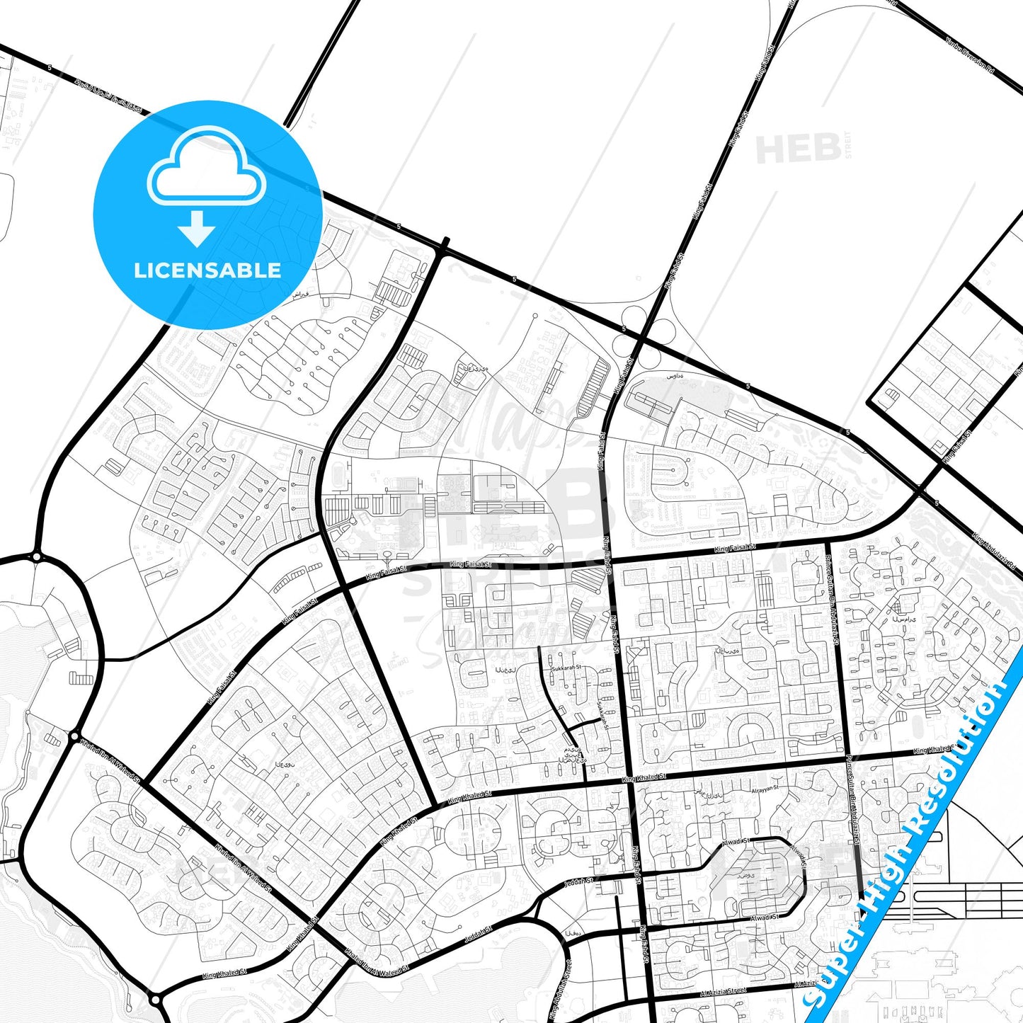 Yanbu, Saudi Arabia Light Map with Street Names, City Names, and Districts