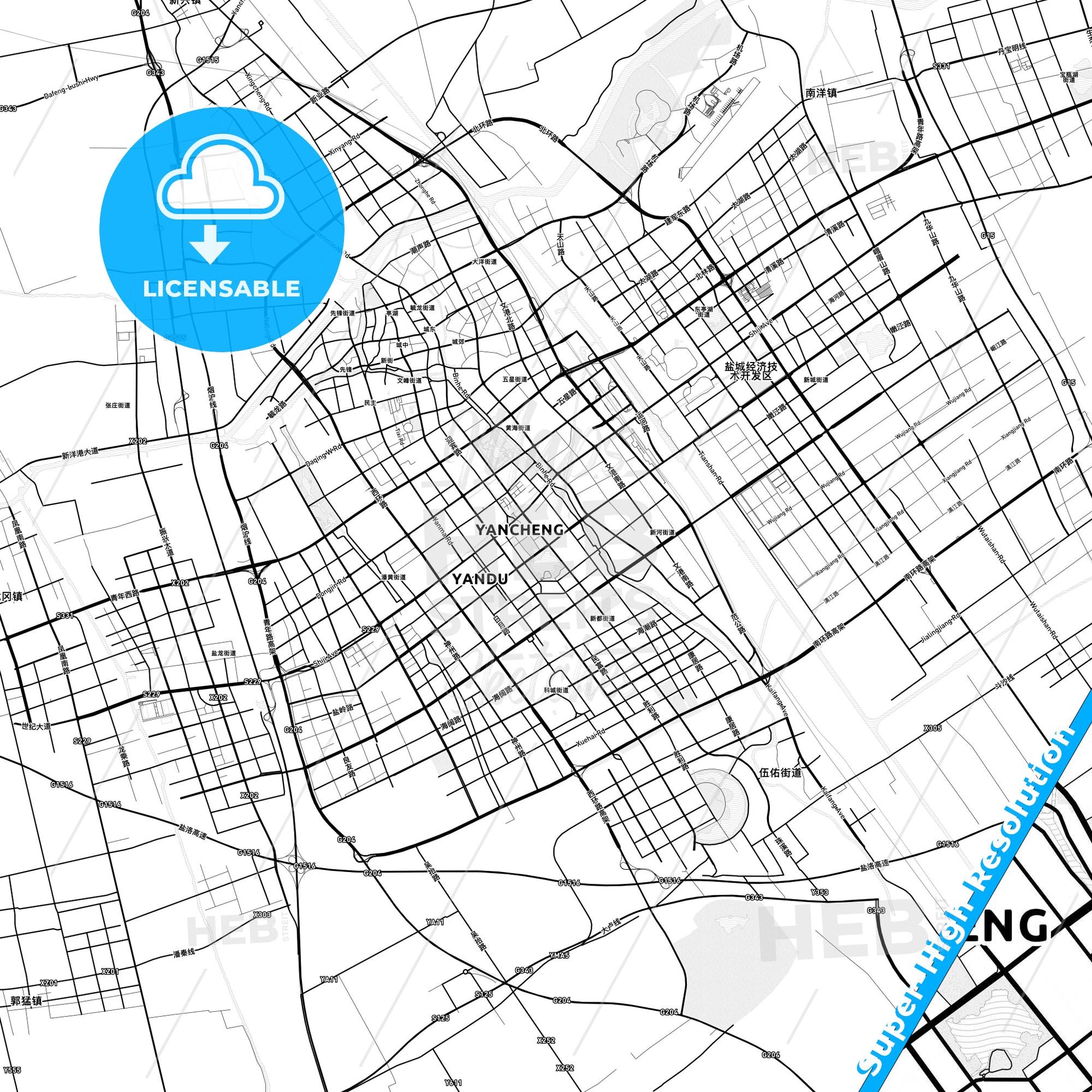 Yancheng, China light map with streetnames, citynames and districts