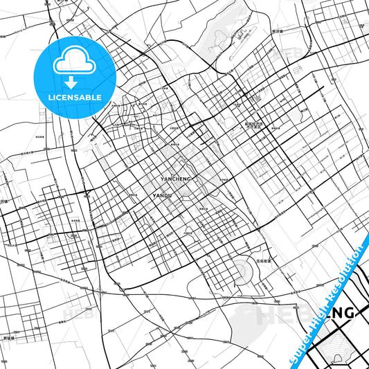 Yancheng, China light map with streetnames, citynames and districts