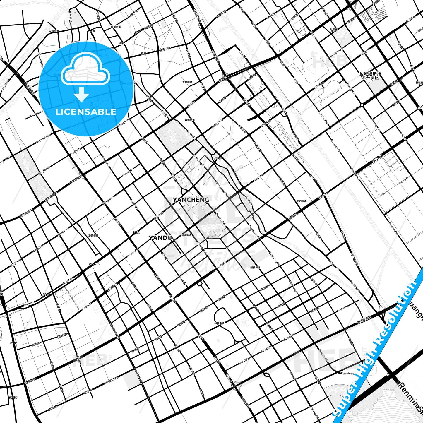 Yancheng, China Light Map with Street Names, City Names, and Districts