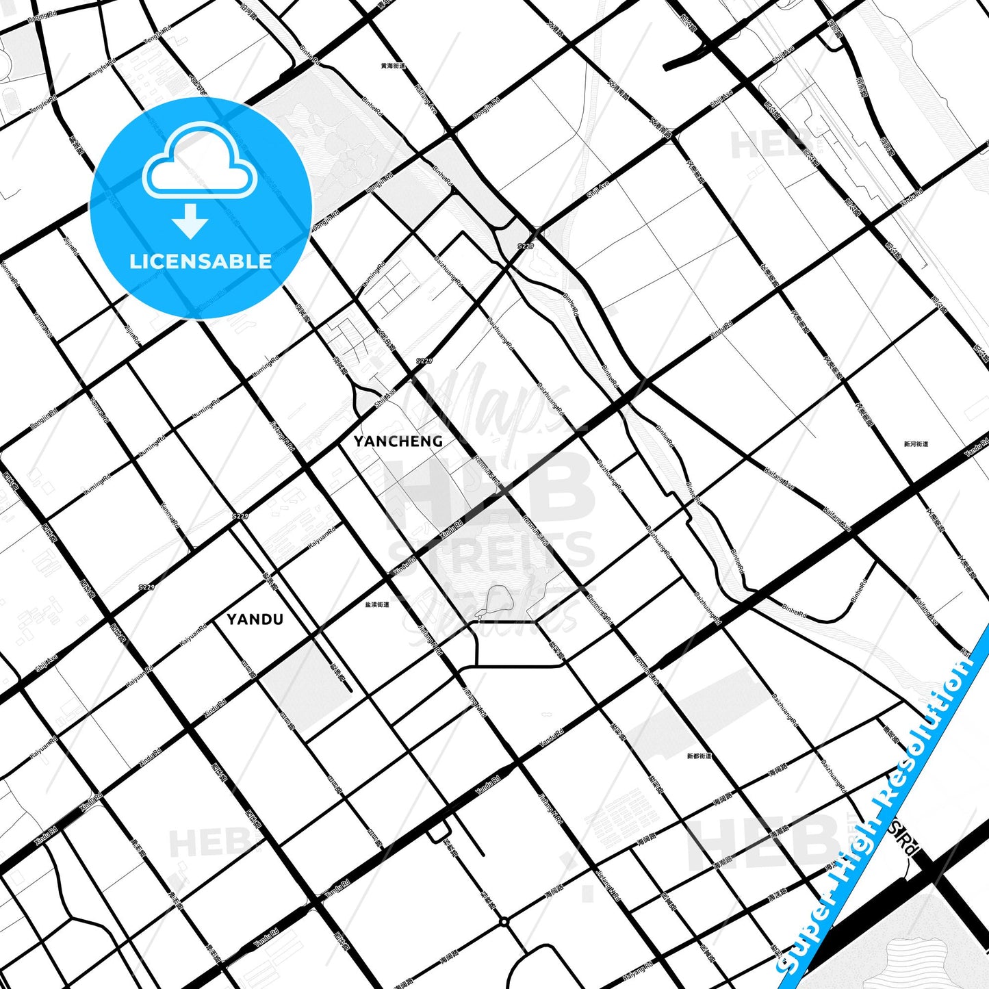 Yancheng, China Light Map with Street Names, City Names, and Districts