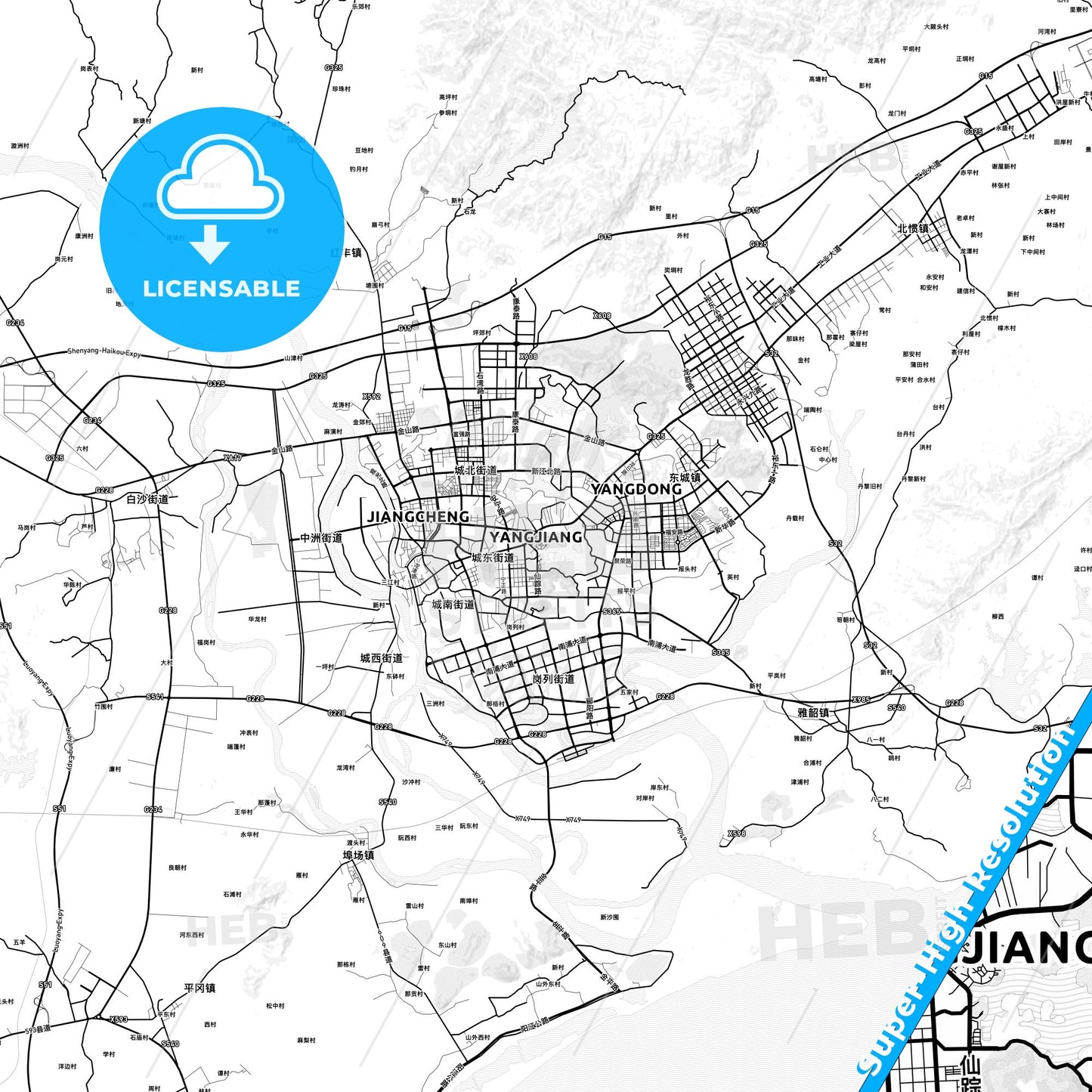 Yangjiang, China light map with streetnames, citynames and districts