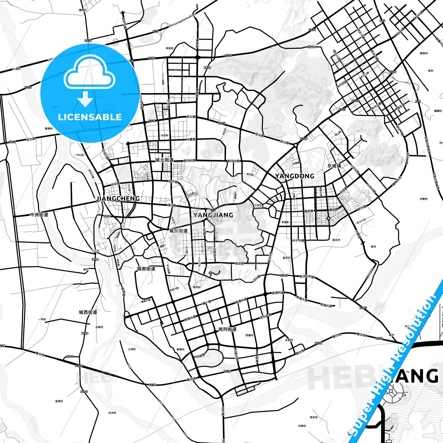 Yangjiang, China Light Map with Street Names, City Names, and Districts
