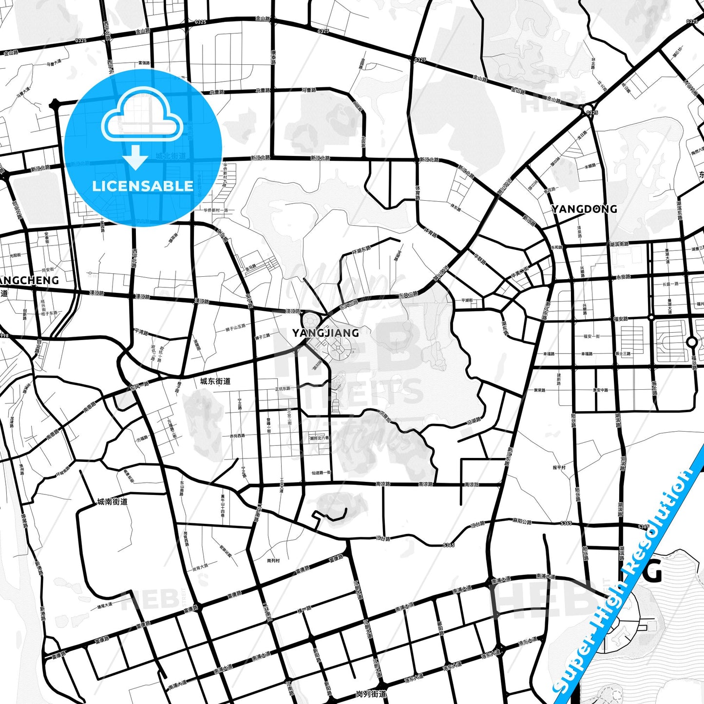 Yangjiang, China Light Map with Street Names, City Names, and Districts