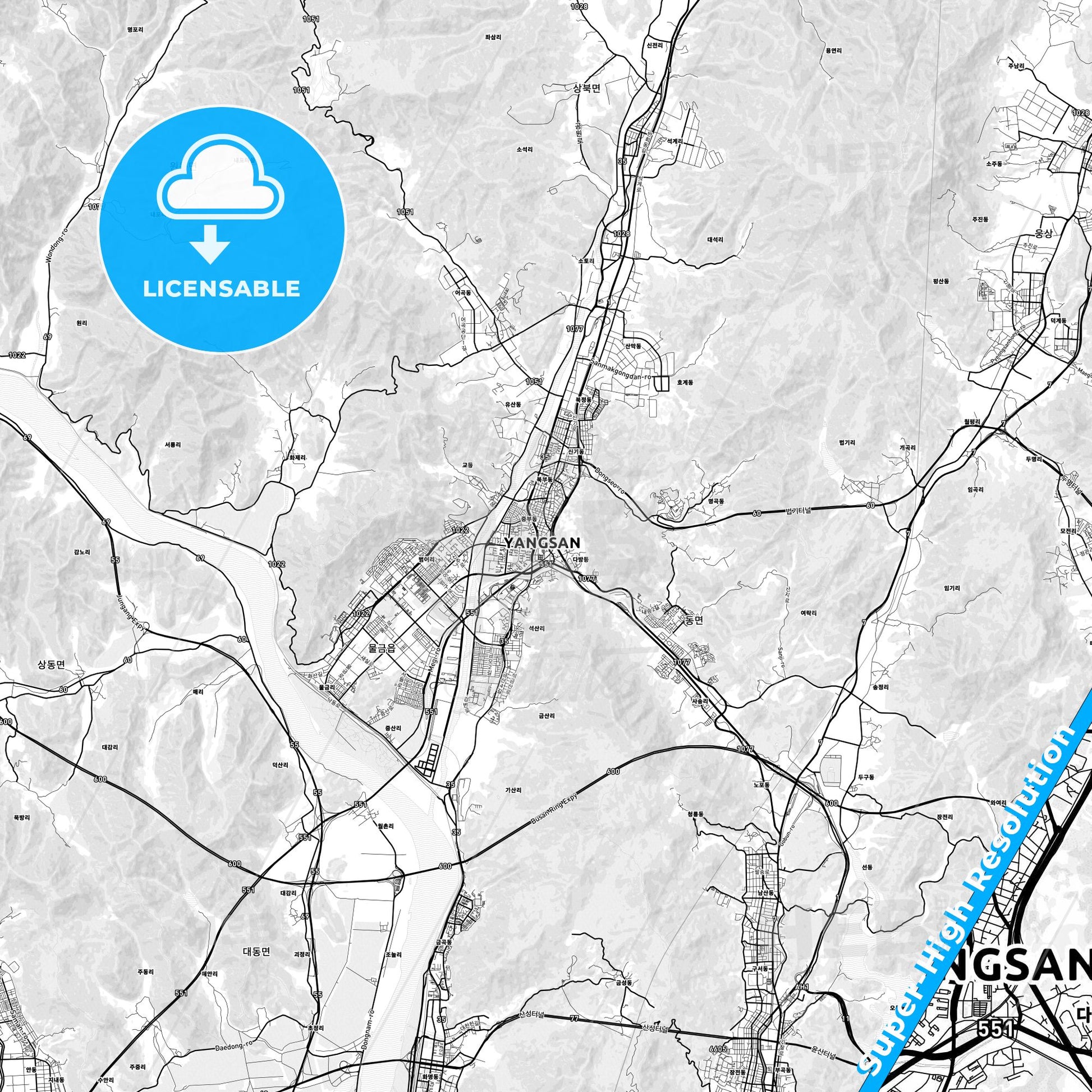 Yangsan, South Korea light map with streetnames, citynames and districts