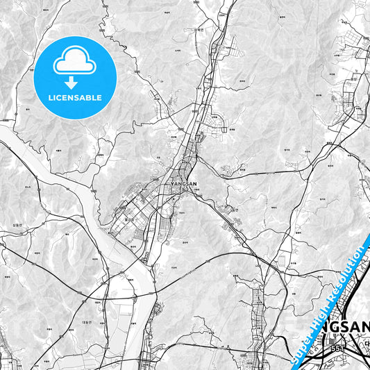 Yangsan, South Korea light map with streetnames, citynames and districts