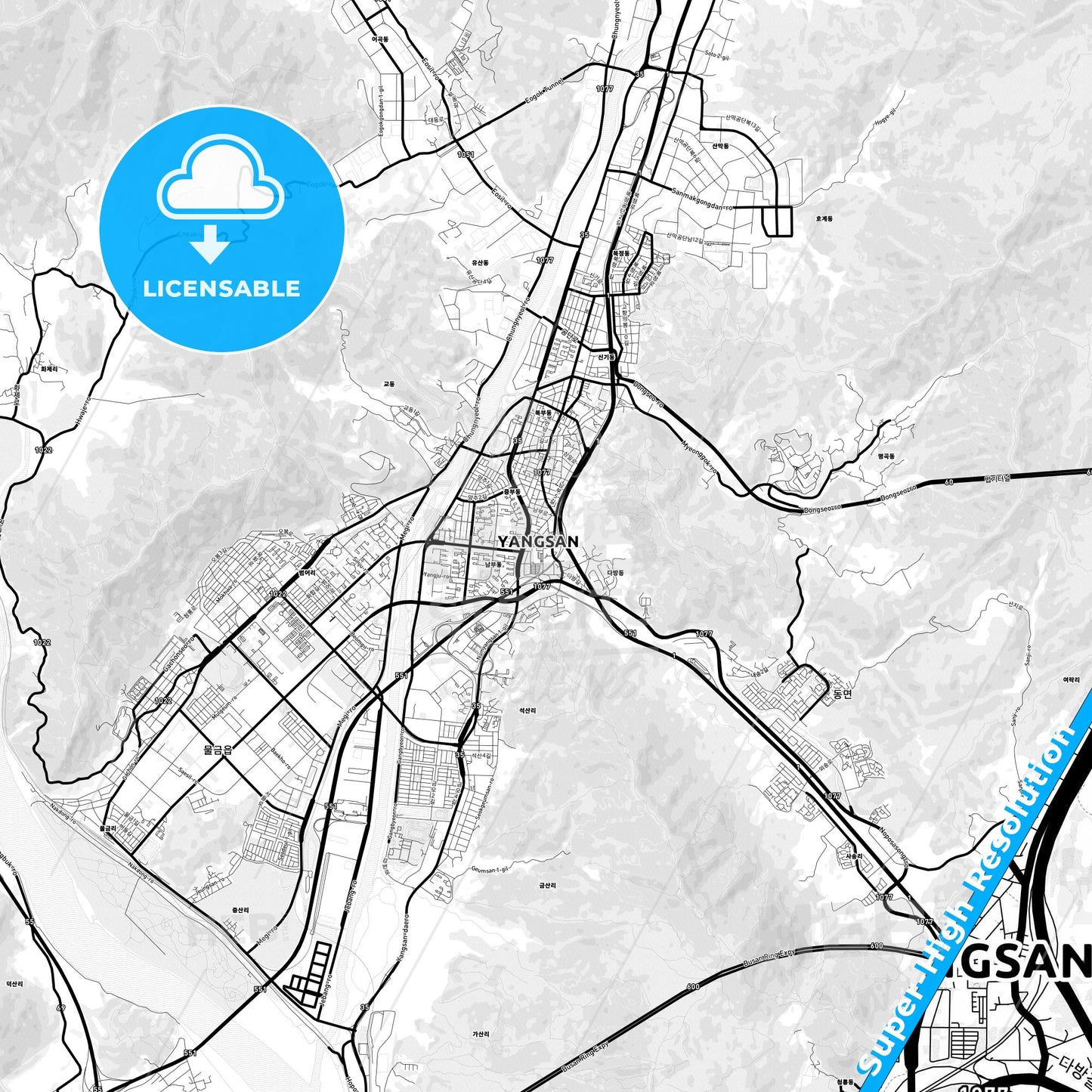 Yangsan, South Korea Light Map with Street Names, City Names, and Districts