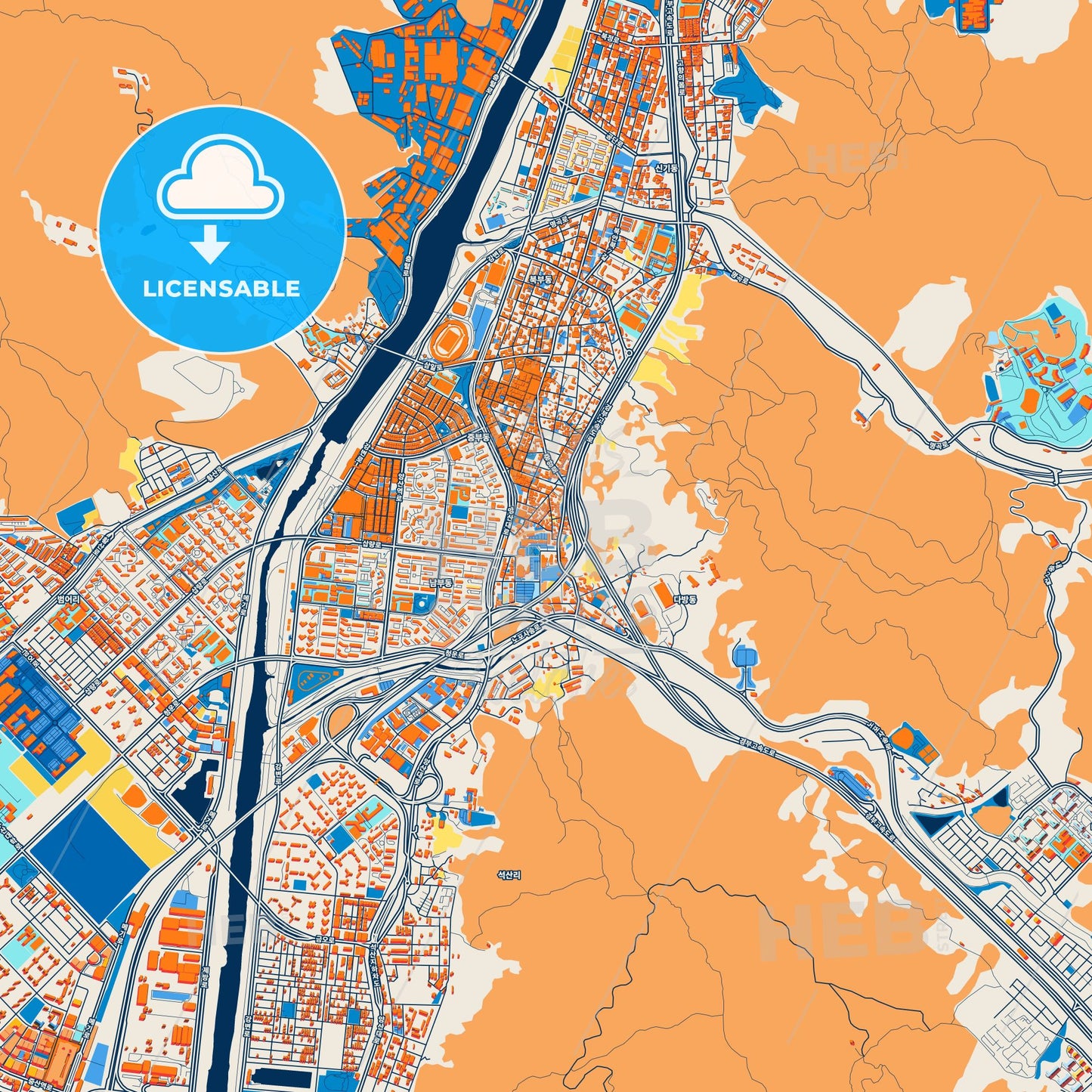 Colorful Yangsan Street Map with Labels and Buildings