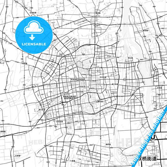 Yangzhou, China light map with streetnames, citynames and districts